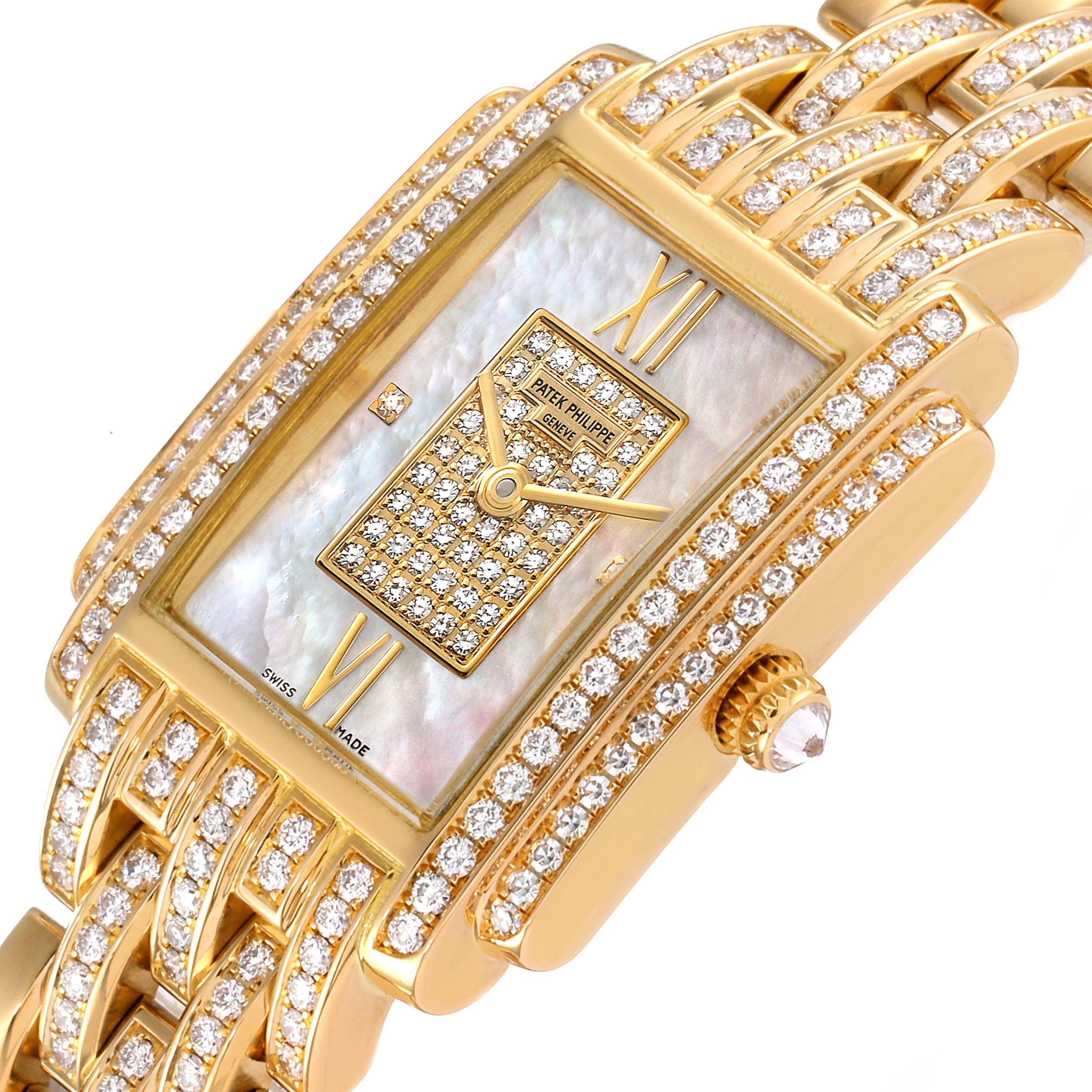 The image shows a close-up of a Patek Philippe Gondolo 4825J Women's Yellow Gold Mother of Pearl Dial 4825J Women's Yellow Gold Mother of Pearl Dial watch, highlighting its diamond-studded bezel and bracelet.