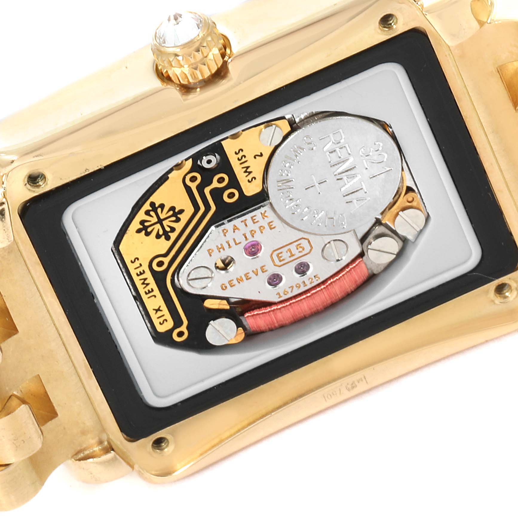The image shows a close-up of the back case and movement of the Patek Philippe Gondolo 4825J Women's Yellow Gold Mother of Pearl Dial 4825J Women's Yellow Gold Mother of Pearl Dial watch.