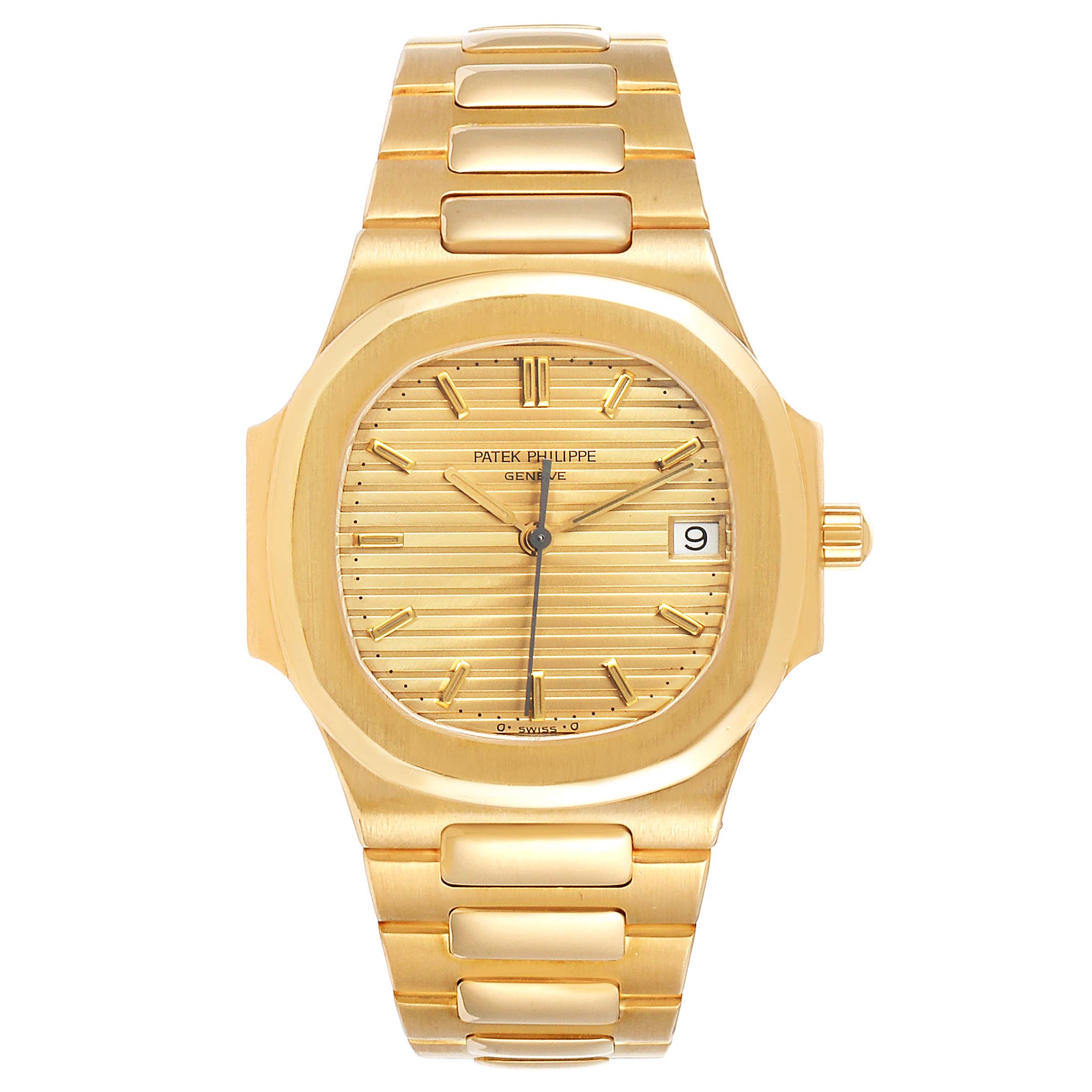 This Patek Philippe Nautilus 3900/1J Women's Yellow Gold Champagne Dial 3900/1J Women's Yellow Gold Champagne Dial watch is shown from a front angle, displaying its gold case, dial, hands, date window, and bracelet.