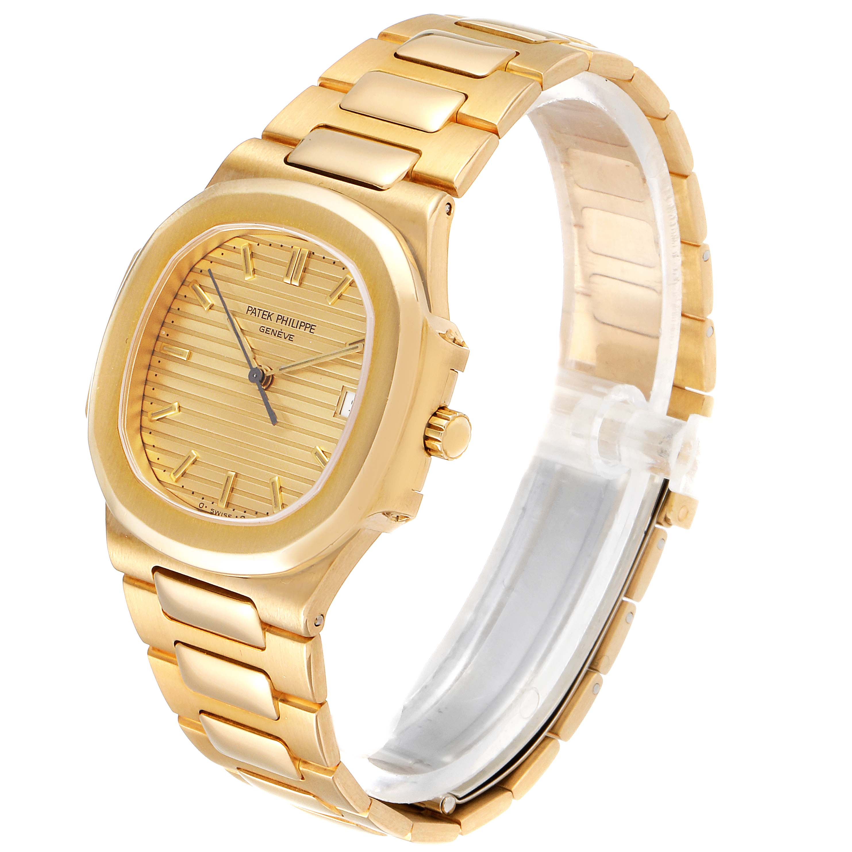 The Patek Philippe Nautilus 3900/1J Women's Yellow Gold Champagne Dial 3900/1J Women's Yellow Gold Champagne Dial watch is shown at a slight angle, displaying its gold case, dial, and bracelet.