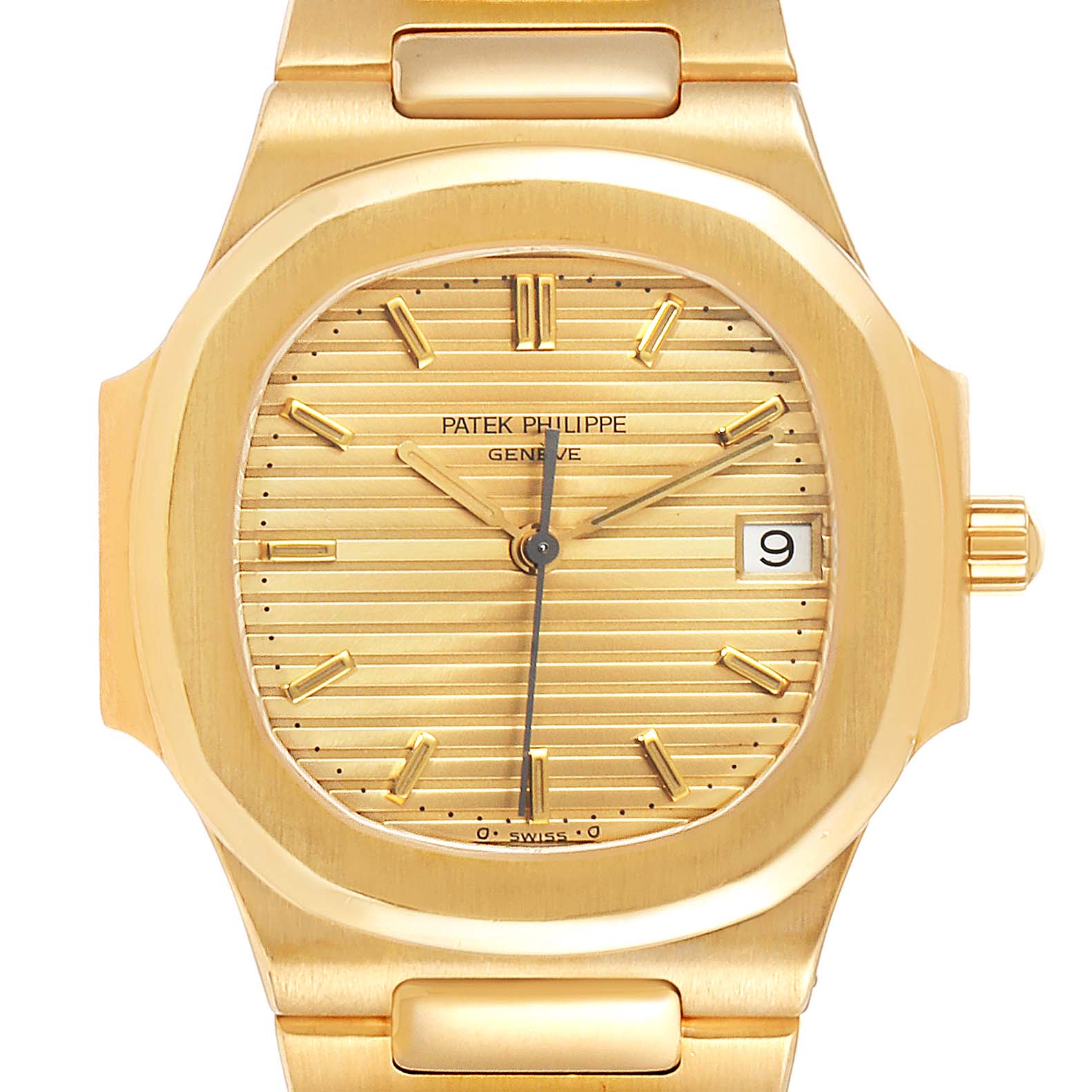 The image shows the front view of a Patek Philippe Nautilus 3900/1J Women's Yellow Gold Champagne Dial 3900/1J Women's Yellow Gold Champagne Dial watch, highlighting its gold dial, hour markers, hands, and date window.