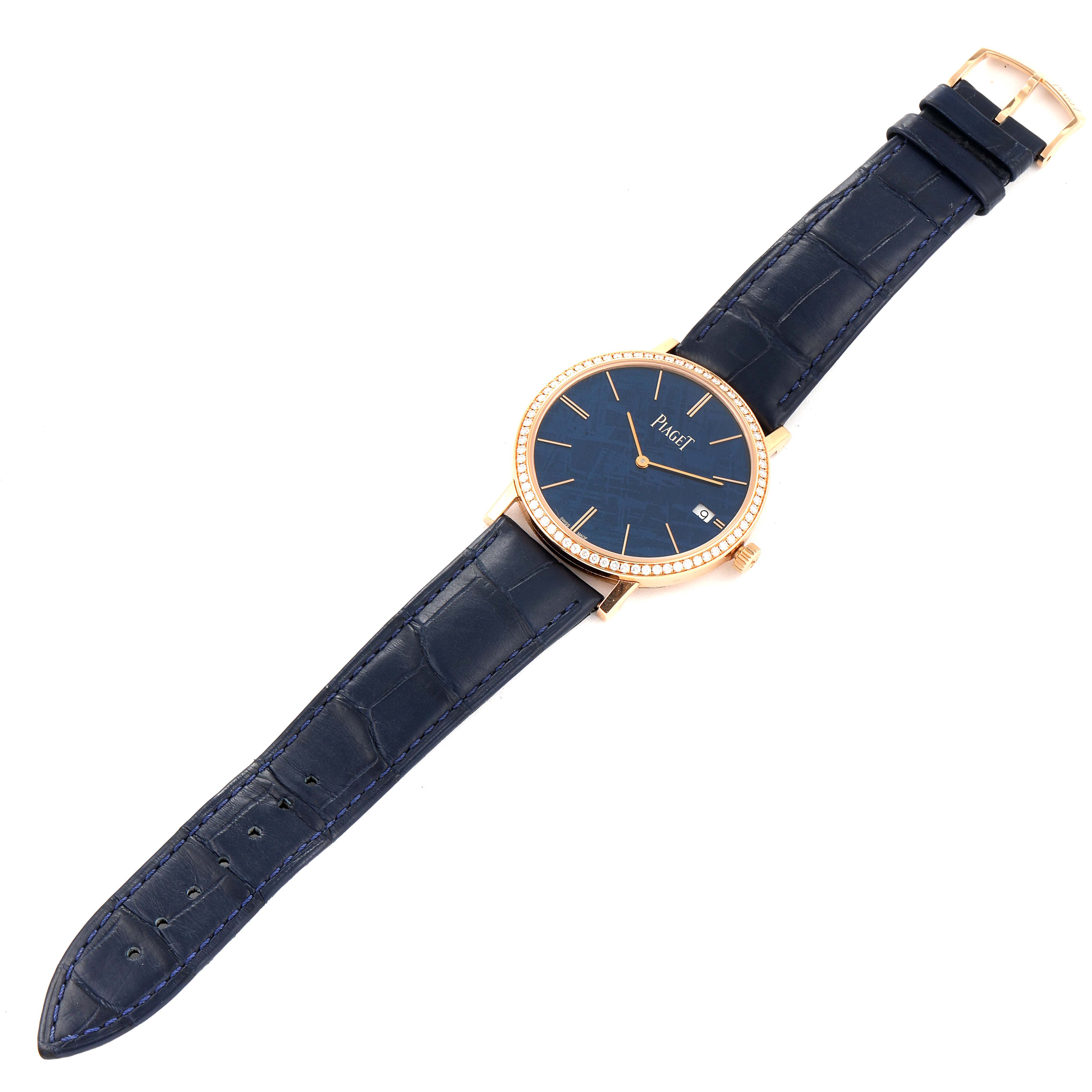 The Piaget G0A44052 Men's Rose Gold Blue Dial G0A44052 Men's Rose Gold Blue Dial Altiplano Rose Gold Ultra-Thin Limited 300 Meteorite Diamond Mens Watch (GOA44052) is shown from a top-down angle.