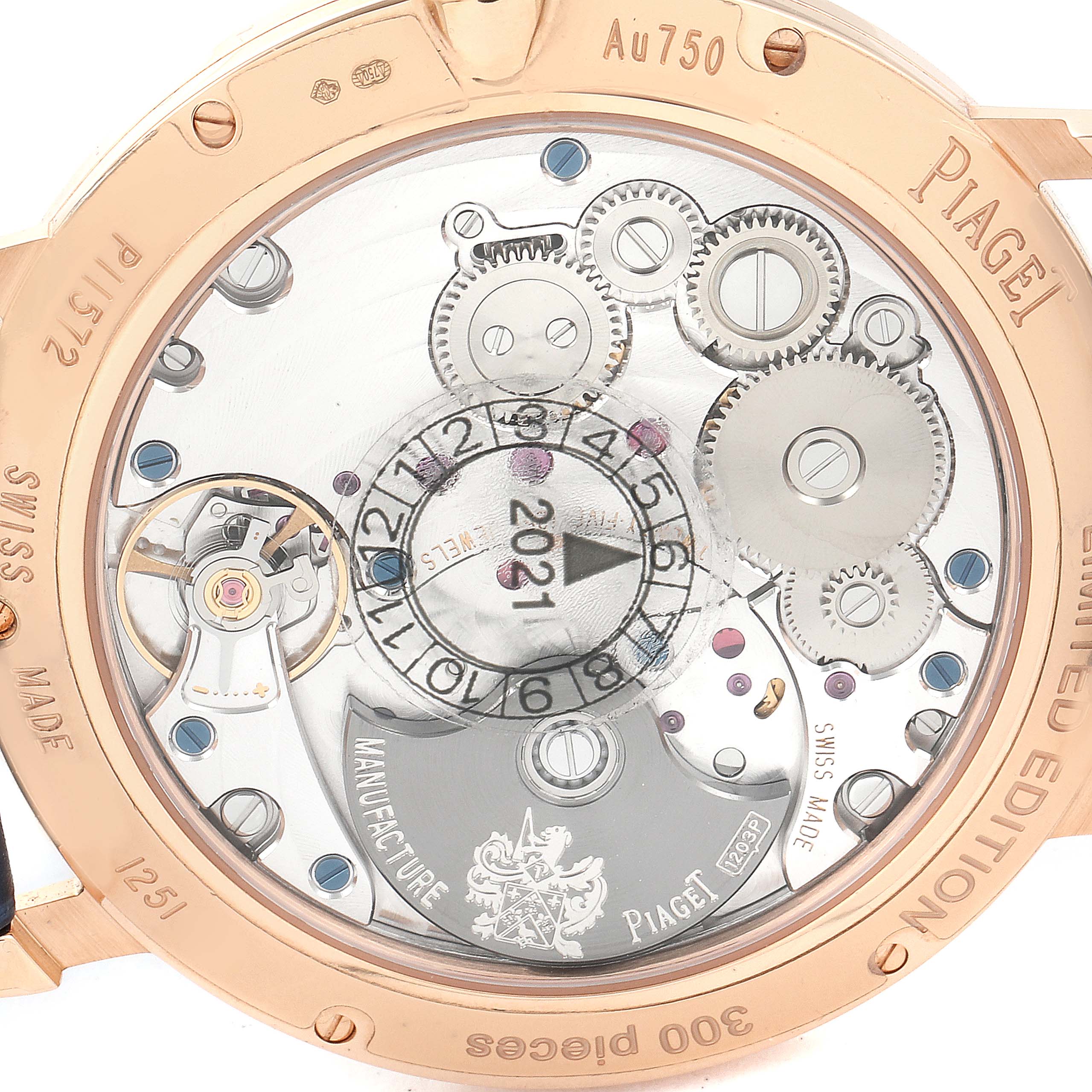 The image shows the back view of the Piaget G0A44052 Men's Rose Gold Blue Dial G0A44052 Men's Rose Gold Blue Dial Altiplano Rose Gold Ultra-Thin Limited 300 Meteorite Diamond Men's Watch GOA44052, highlighting its movement.