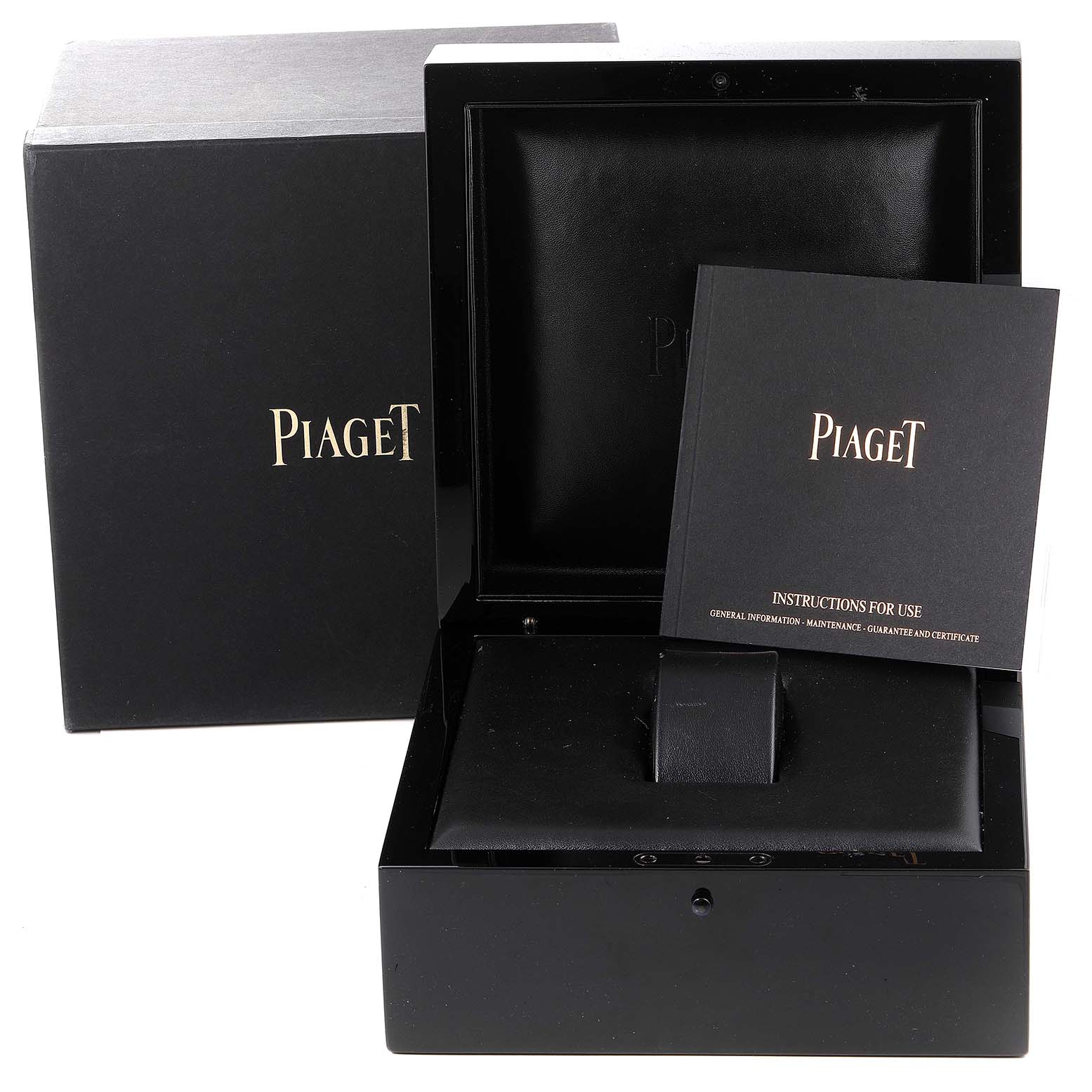 The image shows the packaging box and instruction manual for the Piaget G0A44052 Men's Rose Gold Blue Dial G0A44052 Men's Rose Gold Blue Dial Altiplano Rose Gold Ultra-Thin Limited 300 Meteorite Diamond Mens Watch GOA44052 model.