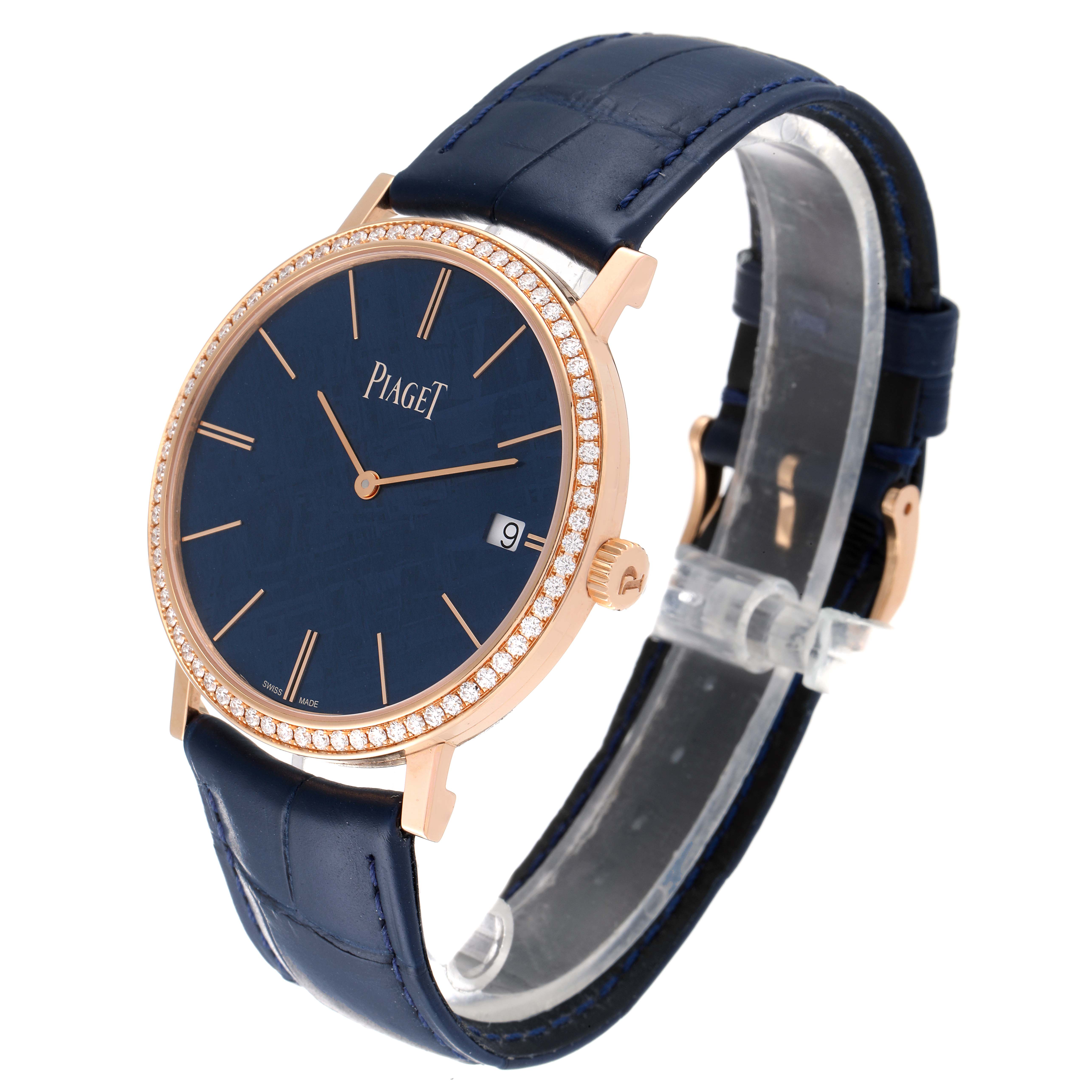 The Piaget G0A44052 Men's Rose Gold Blue Dial G0A44052 Men's Rose Gold Blue Dial Altiplano Rose Gold Ultra-Thin Limited 300 Meteorite Diamond Mens Watch GOA44052 is shown at a three-quarter angle displaying the dial, bezel, and strap.