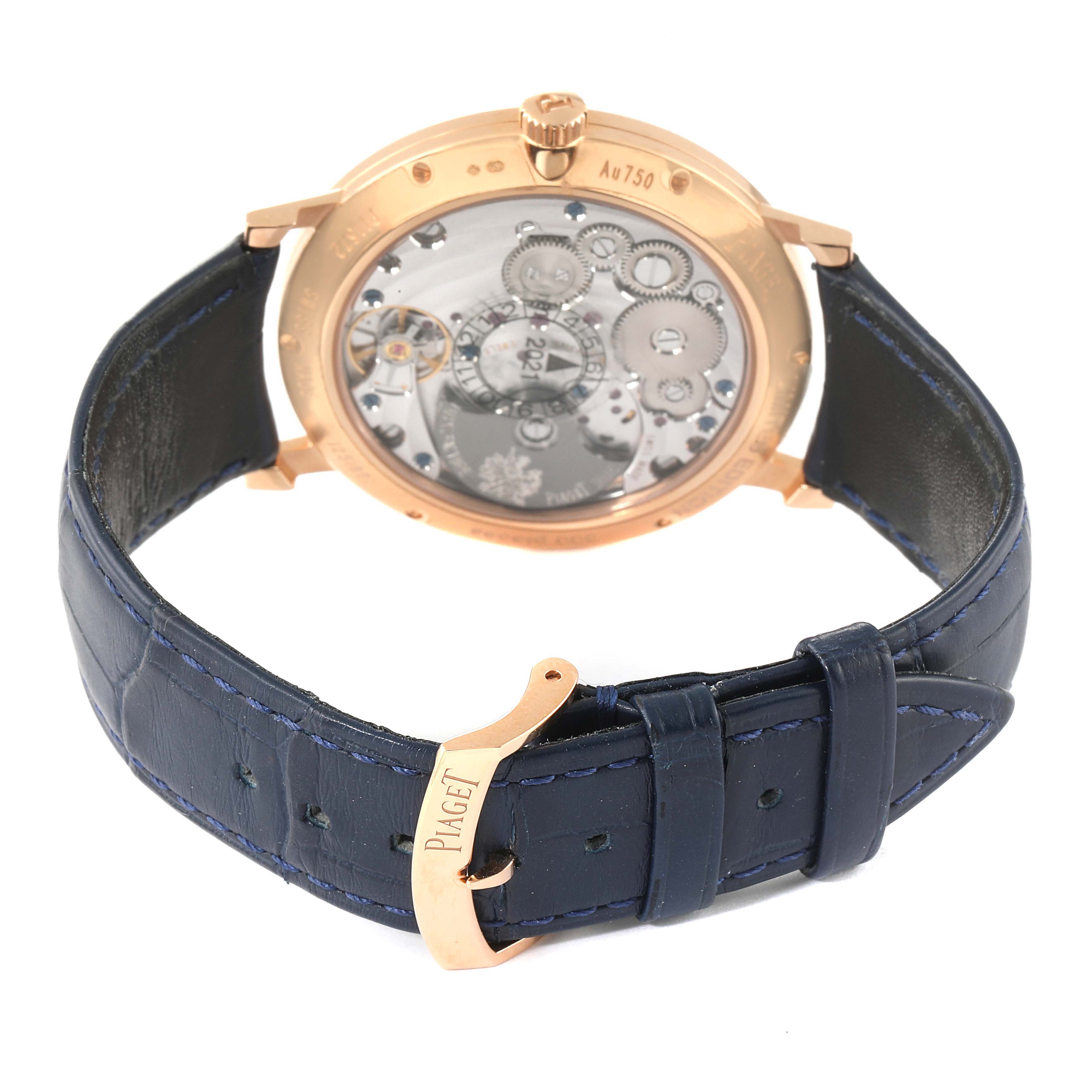 The image shows the back view of the Piaget G0A44052 Men's Rose Gold Blue Dial G0A44052 Men's Rose Gold Blue Dial Altiplano Rose Gold Ultra-Thin Limited 300 Meteorite Diamond Men's Watch GOA44052, displaying the movement and blue strap.