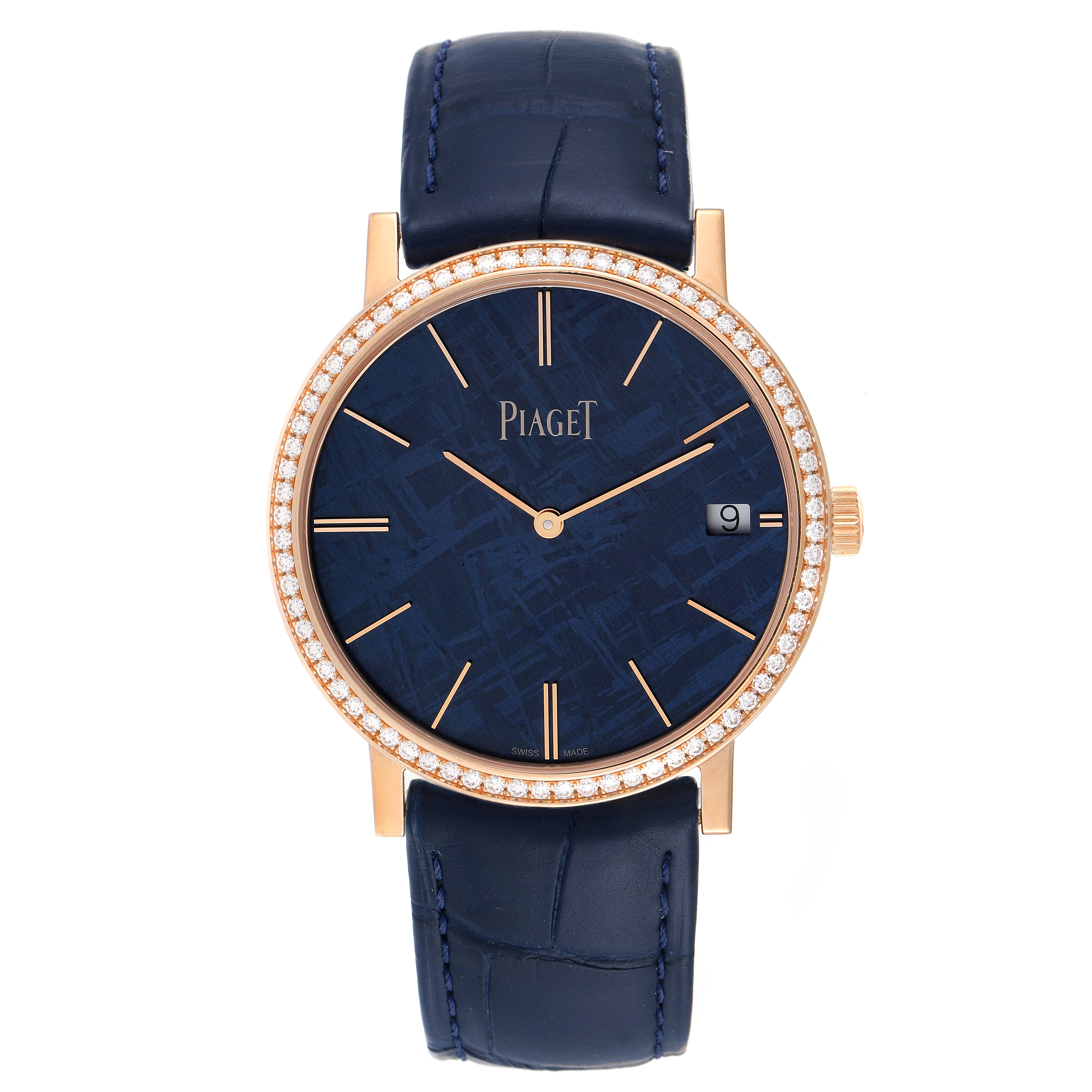 The image shows a front view of a Piaget G0A44052 Men's Rose Gold Blue Dial G0A44052 Men's Rose Gold Blue Dial Altiplano Rose Gold Ultra-Thin Limited 300 Meteorite Diamond Mens Watch GOA44052.