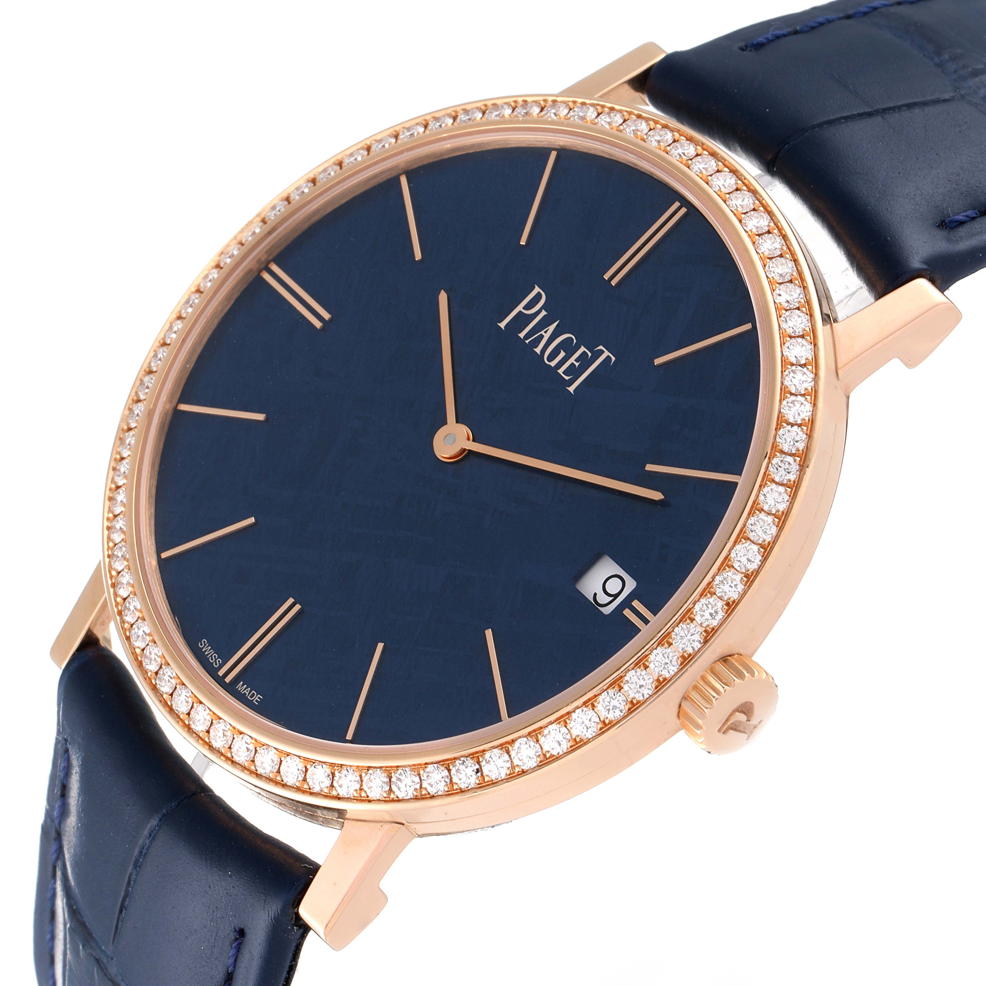 The image shows a close-up of the face and side profile of the Piaget G0A44052 Men's Rose Gold Blue Dial G0A44052 Men's Rose Gold Blue Dial Altiplano Rose Gold Ultra-Thin Limited 300 Meteorite Diamond Mens Watch GOA44052.