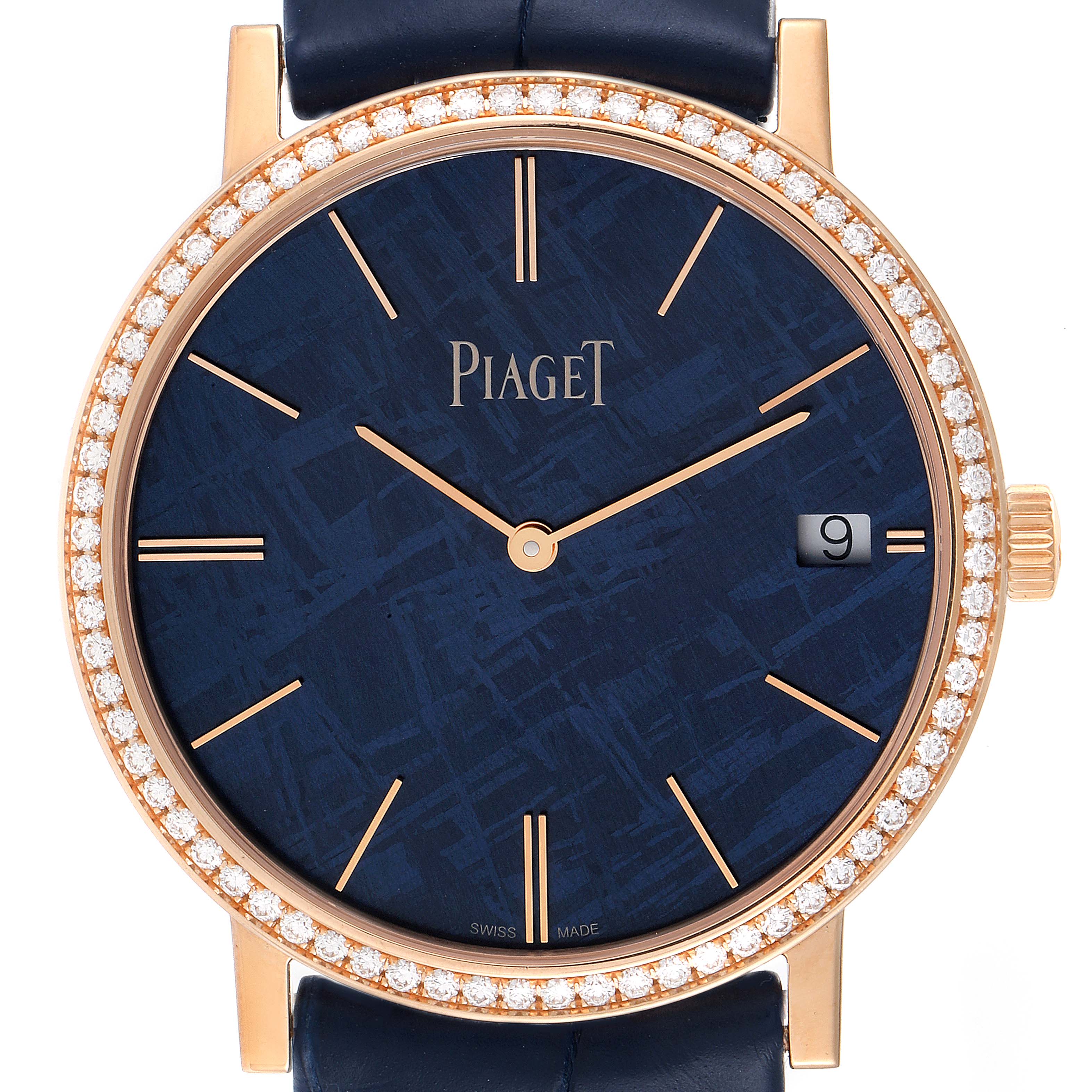 This image shows a front view of the Altiplano Rose Gold Ultra-Thin Limited 300 Meteorite Diamond Mens Watch GOA44052 model by Piaget G0A44052 Men's Rose Gold Blue Dial G0A44052 Men's Rose Gold Blue Dial.