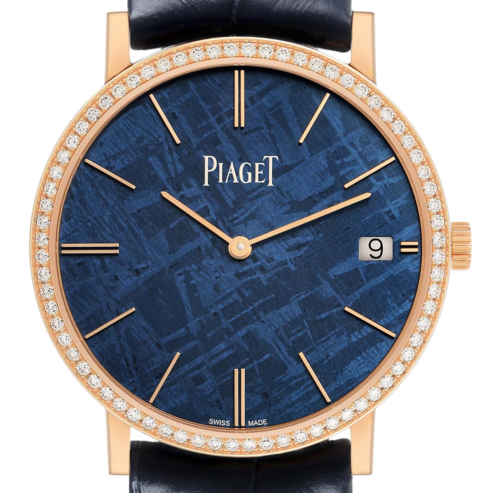 The Piaget G0A44052 Men's Rose Gold Blue Dial Altiplano GOA44052 watch is shown from the front, highlighting its blue meteorite dial, rose gold case, diamond bezel, and date window.