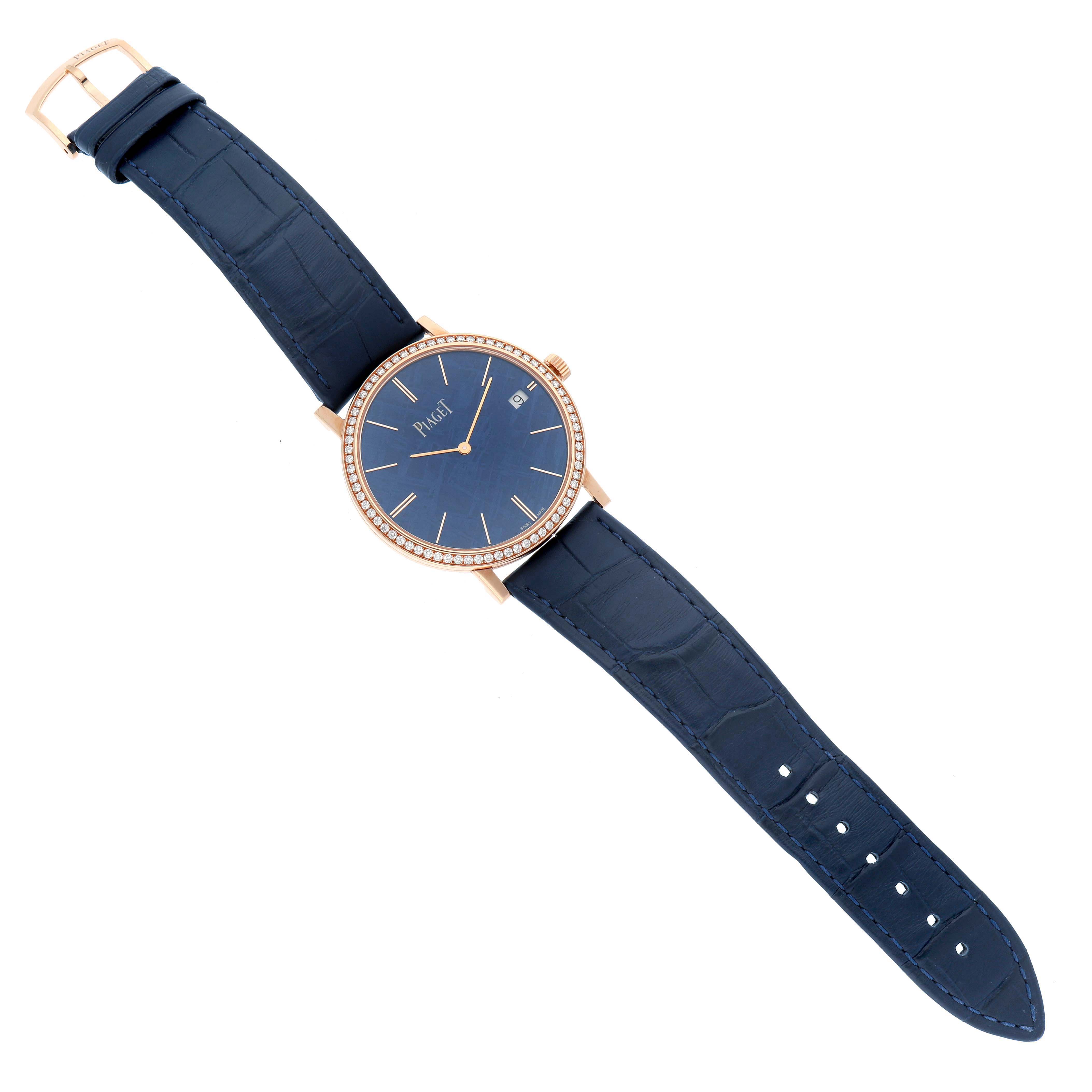 The Piaget G0A44052 Men's Rose Gold Blue Dial Altiplano Rose Gold Ultra-Thin Meteorite Diamond Limited Edition watch is shown from a top view, displaying the dial, strap, and buckle.