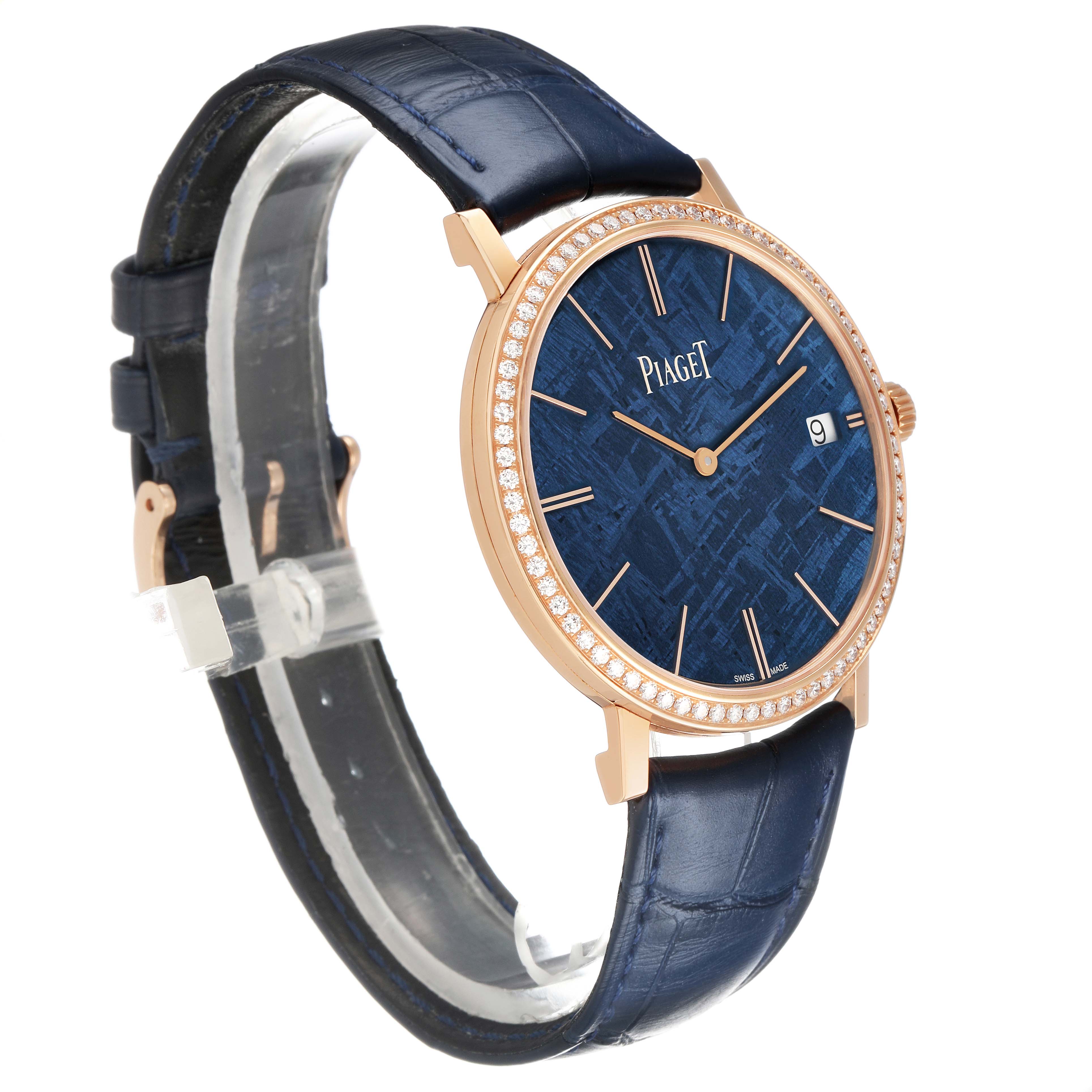 The Piaget G0A44052 Men's Rose Gold Blue Dial Altiplano GOA44052 watch is shown at a three-quarter angle highlighting its blue meteorite dial and rose gold case.