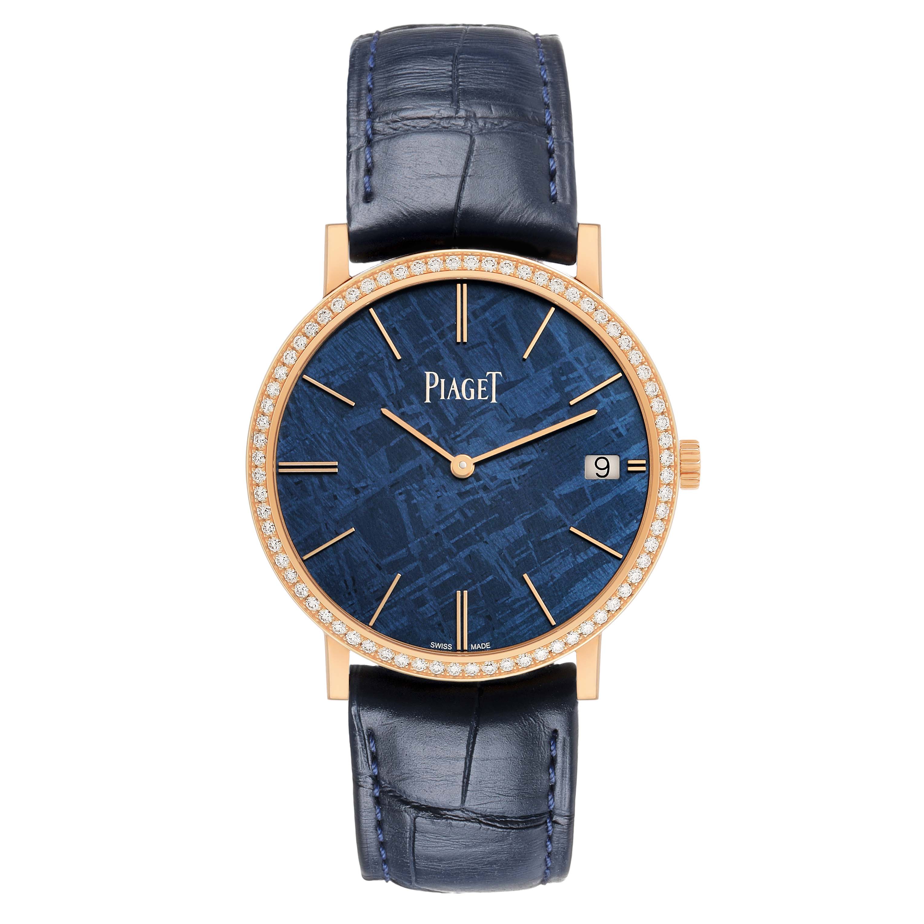 The Piaget G0A44052 Men's Rose Gold Blue Dial Altiplano GOA44052 watch is shown from the front, featuring a blue meteorite dial, rose gold case, and diamond bezel.