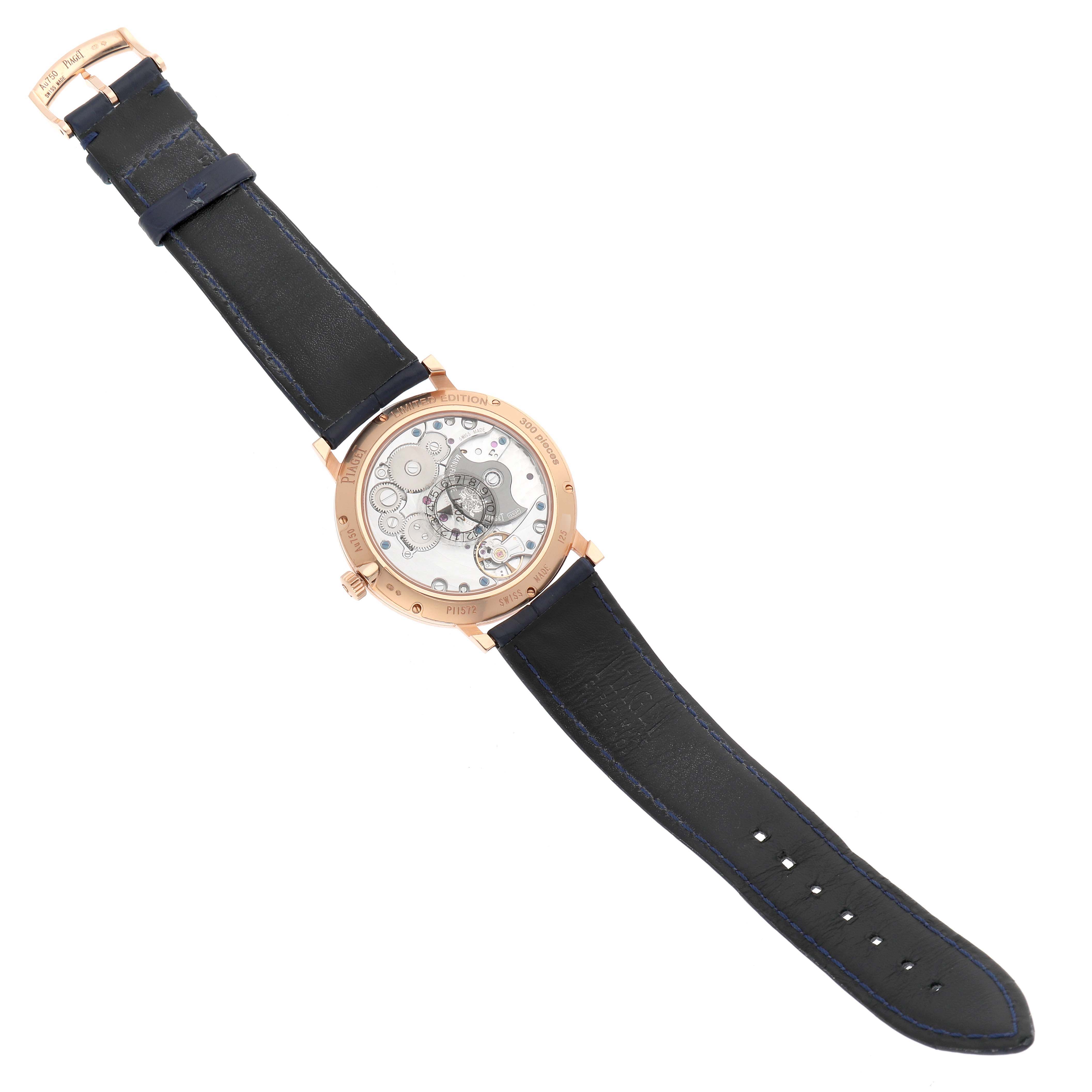 The image shows the back view of the Piaget G0A44052 Men's Rose Gold Blue Dial Altiplano Rose Gold Ultra-Thin GOA44052, displaying its mechanical details.