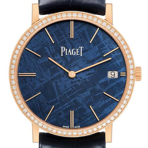 The Piaget G0A44052 Men's Rose Gold Blue Dial Altiplano GOA44052 watch is shown from the front, highlighting its meteorite dial, rose gold case, diamond bezel, and strap attachment.