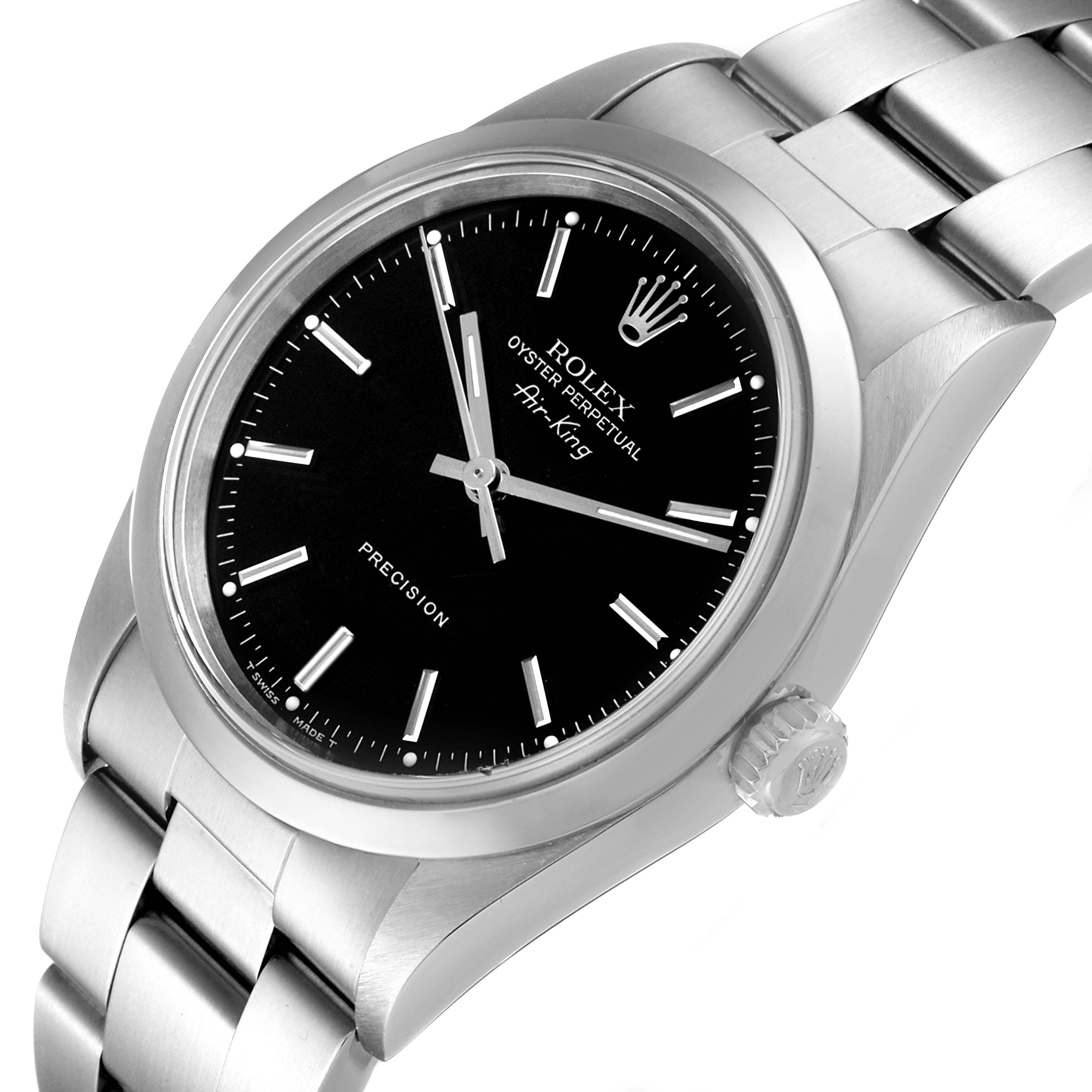 The image shows a Rolex Air-King 14000 Men's Stainless Steel Black Dial 14000 Men's Stainless Steel Black Dial watch from a slightly angled top view, highlighting its black dial, silver markers, and stainless steel bracelet.