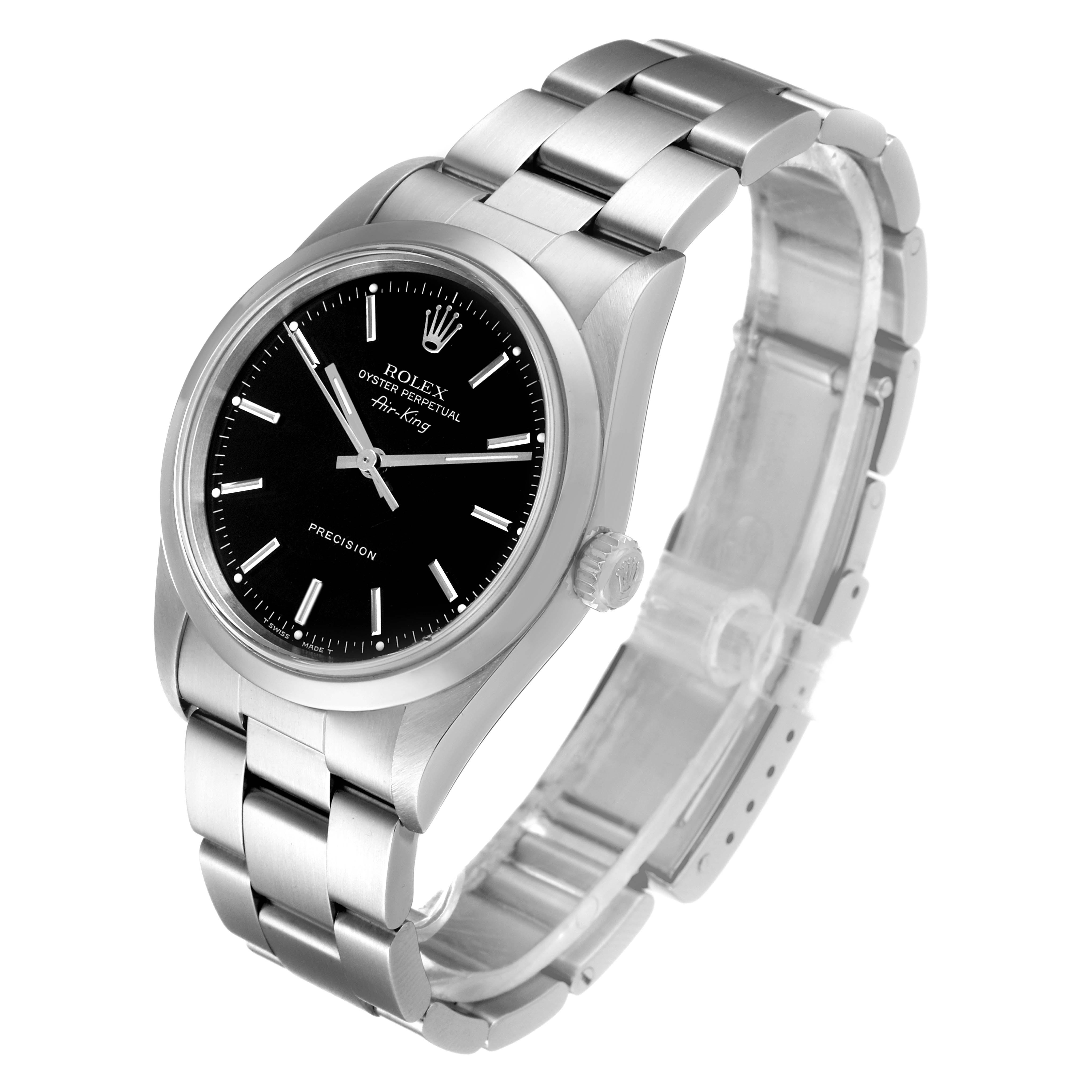 The image shows a Rolex Air-King 14000 Men's Stainless Steel Black Dial 14000 Men's Stainless Steel Black Dial watch at a 3/4 angle, displaying its black dial, steel case, and bracelet.