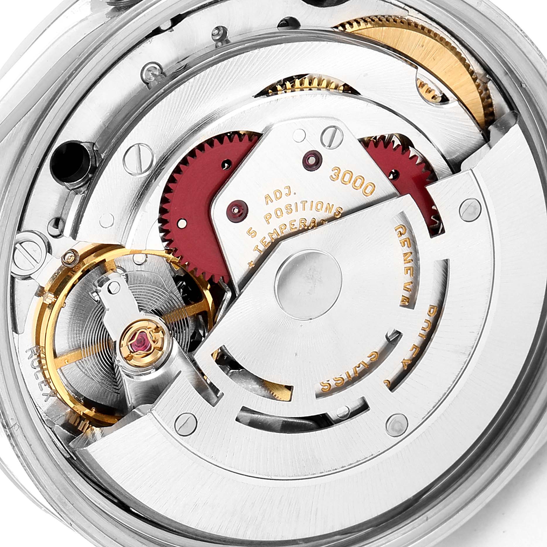 The image shows a detailed view of the movement mechanism inside a Rolex Air-King 14000 Men's Stainless Steel Black Dial 14000 Men's Stainless Steel Black Dial watch, highlighting gears and intricate parts.