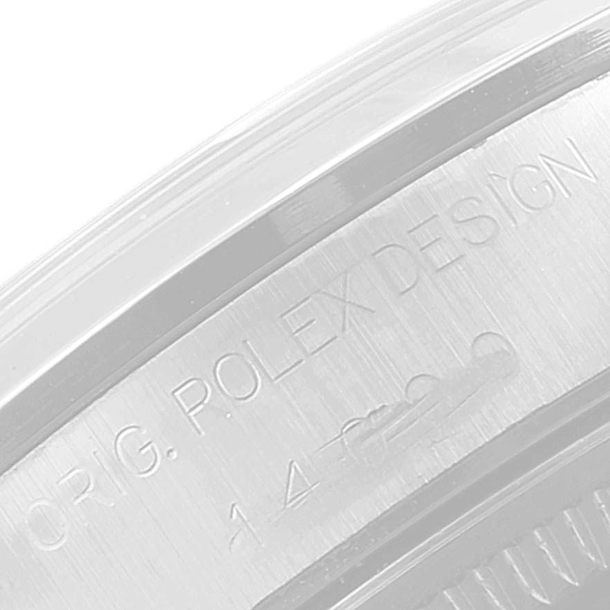 This is a close-up view of the engraving on the case side of the Rolex Air-King 14000 Men's Stainless Steel Black Dial 14000 Men's Stainless Steel Black Dial watch.