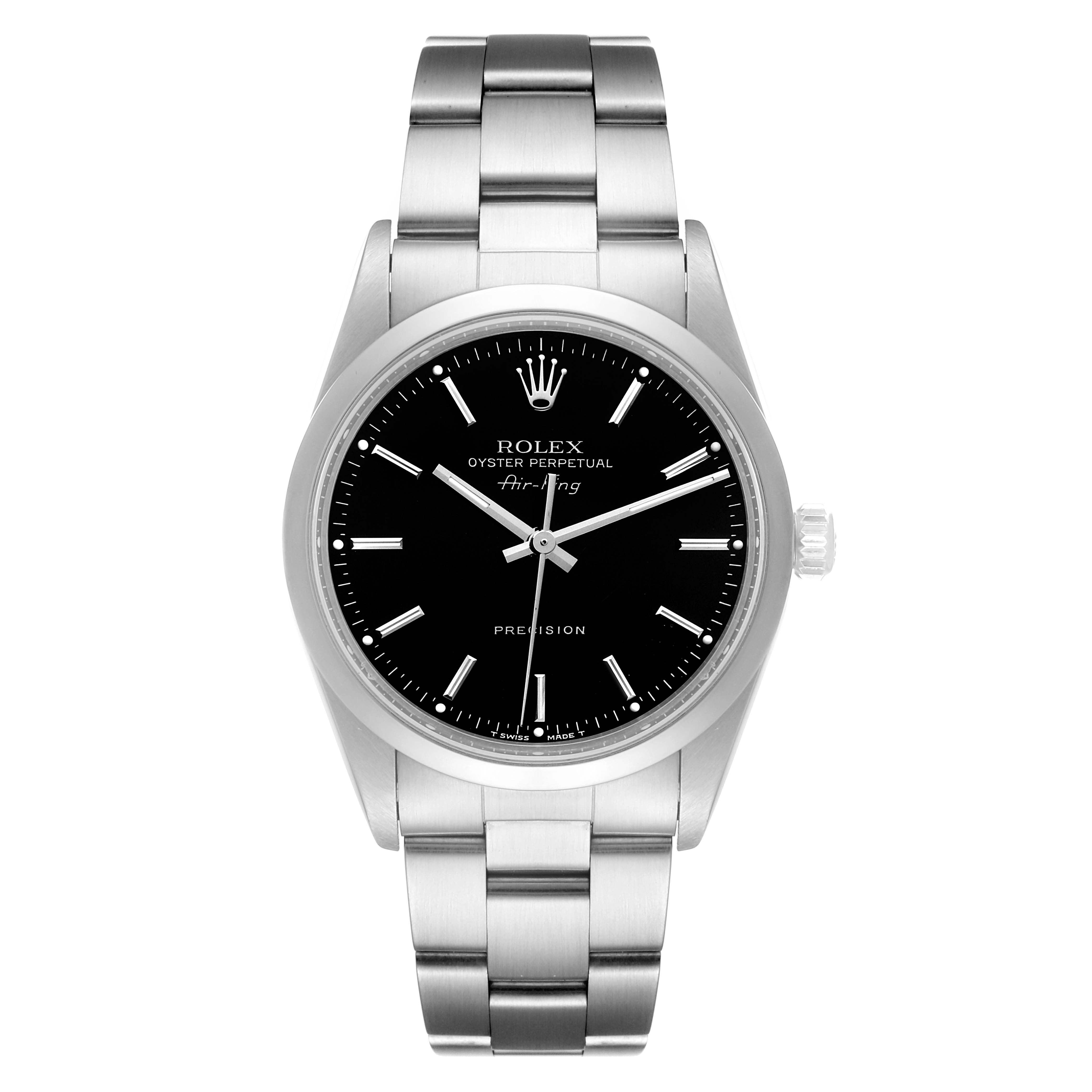 The image shows a front view of a Rolex Air-King 14000 Men's Stainless Steel Black Dial 14000 Men's Stainless Steel Black Dial watch with a black dial and stainless steel bracelet.