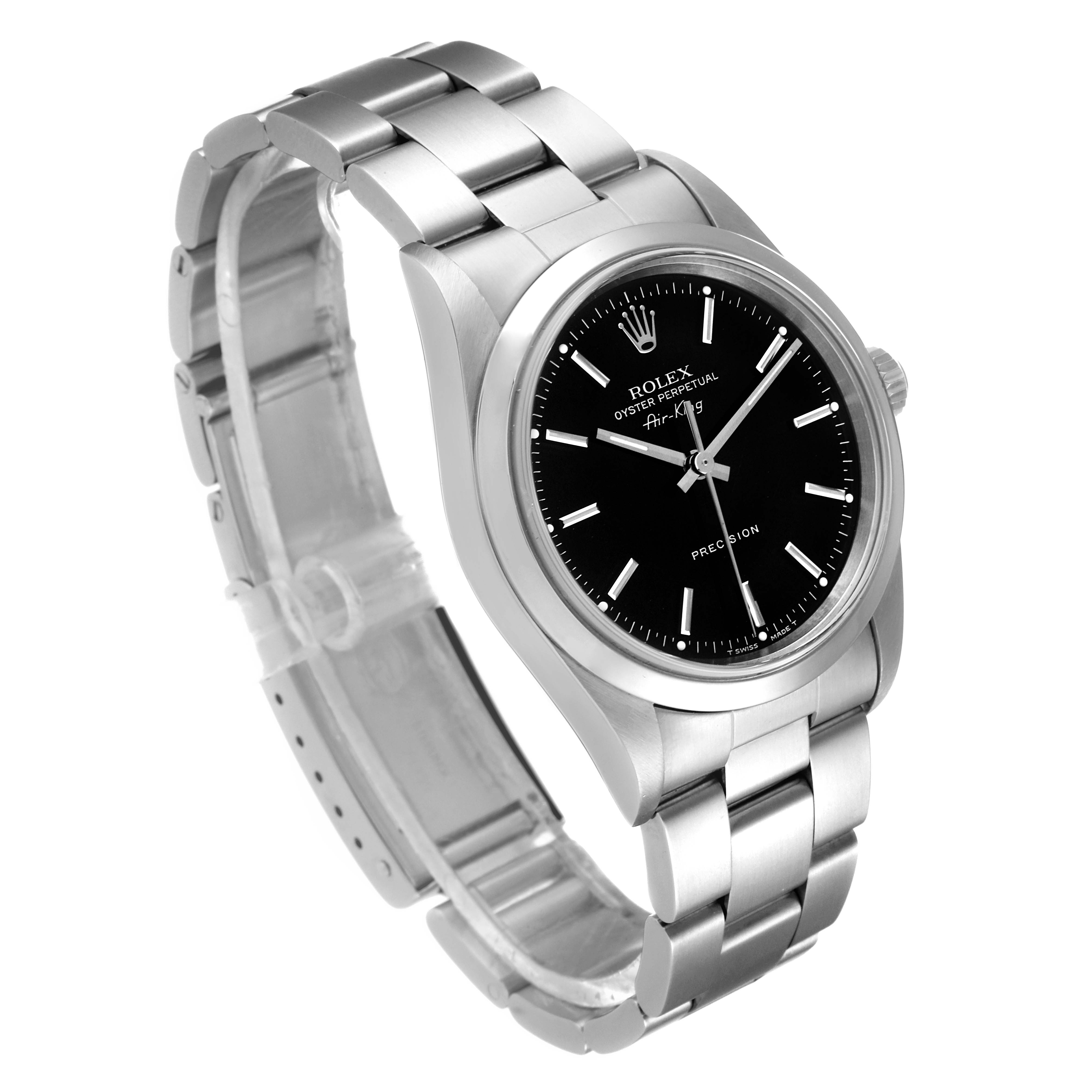 The image shows a Rolex Air-King 14000 Men's Stainless Steel Black Dial 14000 Men's Stainless Steel Black Dial watch at a slight angle, highlighting its black dial, stainless steel case, and bracelet.