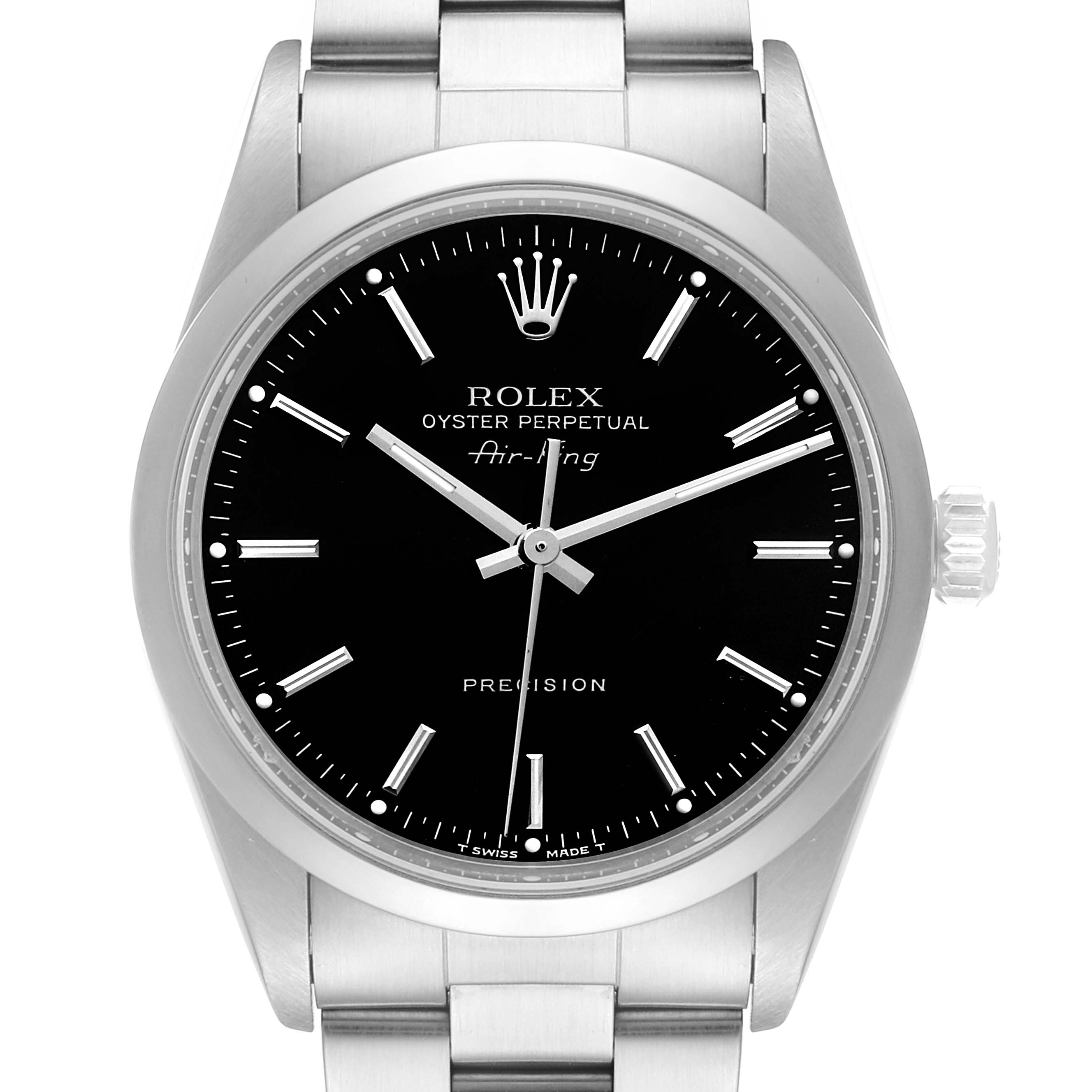The image shows a top-down view of the Rolex Air-King 14000 Men's Stainless Steel Black Dial 14000 Men's Stainless Steel Black Dial watch, highlighting its face, crown, and part of the band.
