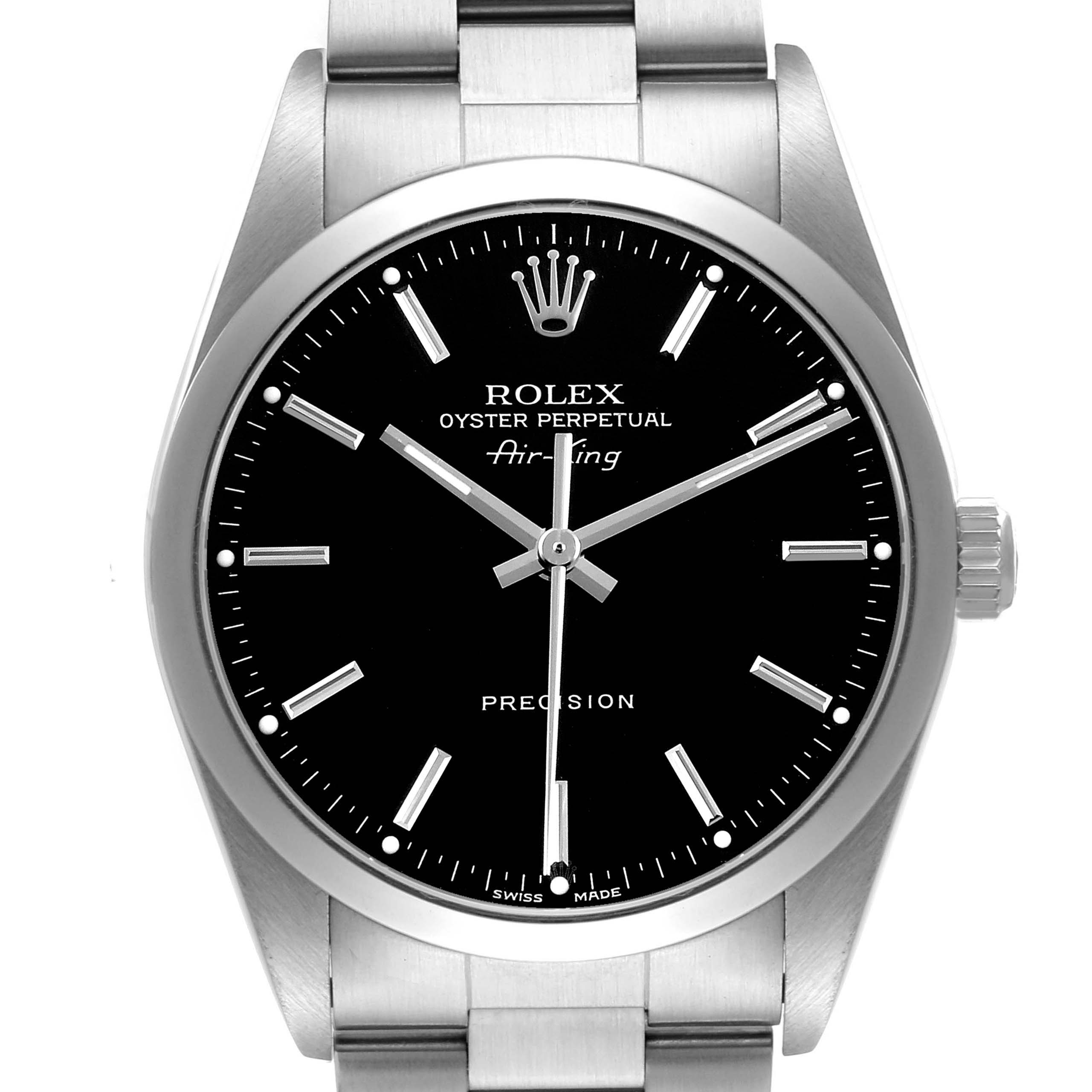 The Rolex Air-King 14000 Men's Stainless Steel Black Dial is shown from the front, highlighting the black dial, silver hour markers, hands, and bracelet.