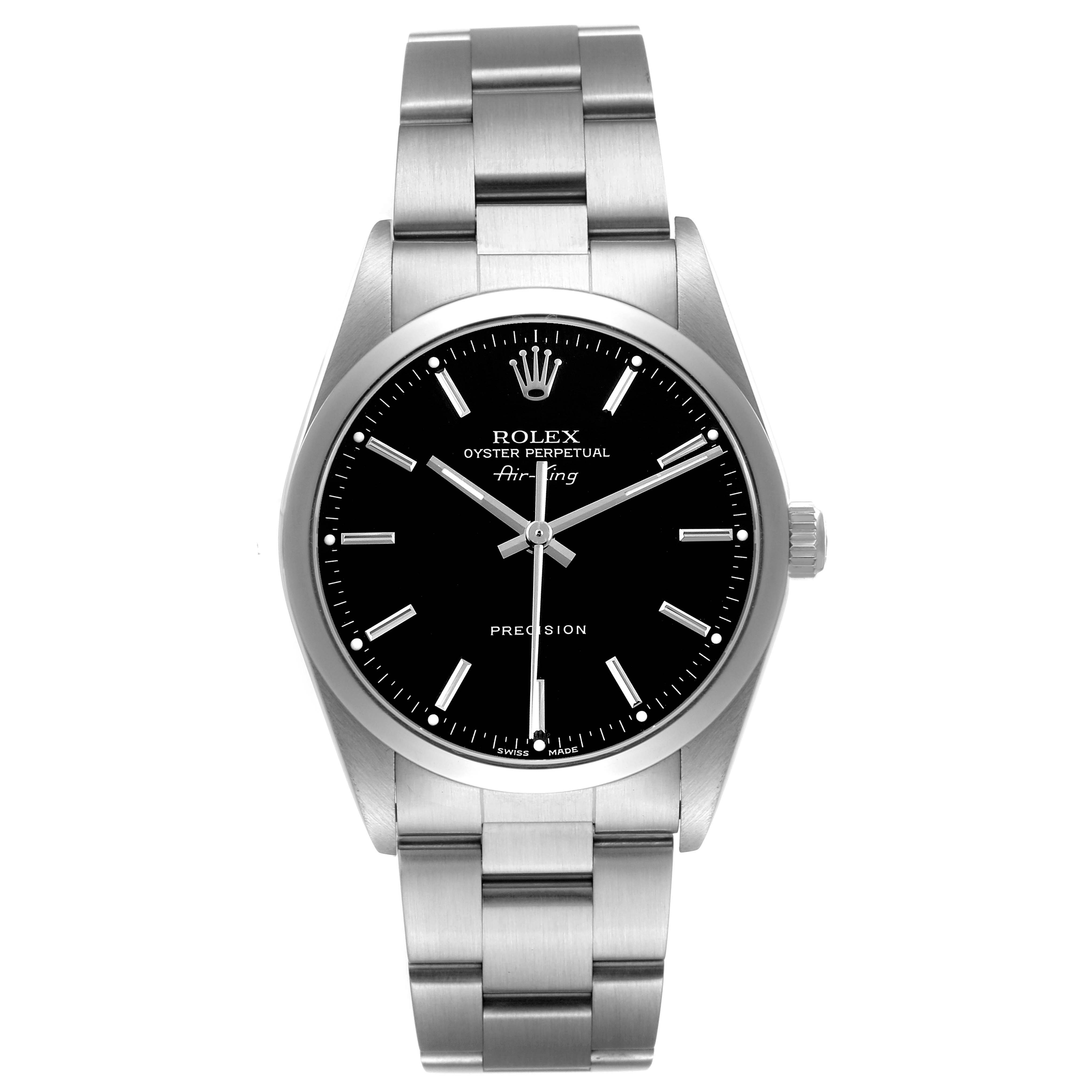 The image shows a front view of the Rolex Air-King 14000 Men's Stainless Steel Black Dial watch, highlighting the dial, bracelet, and crown.