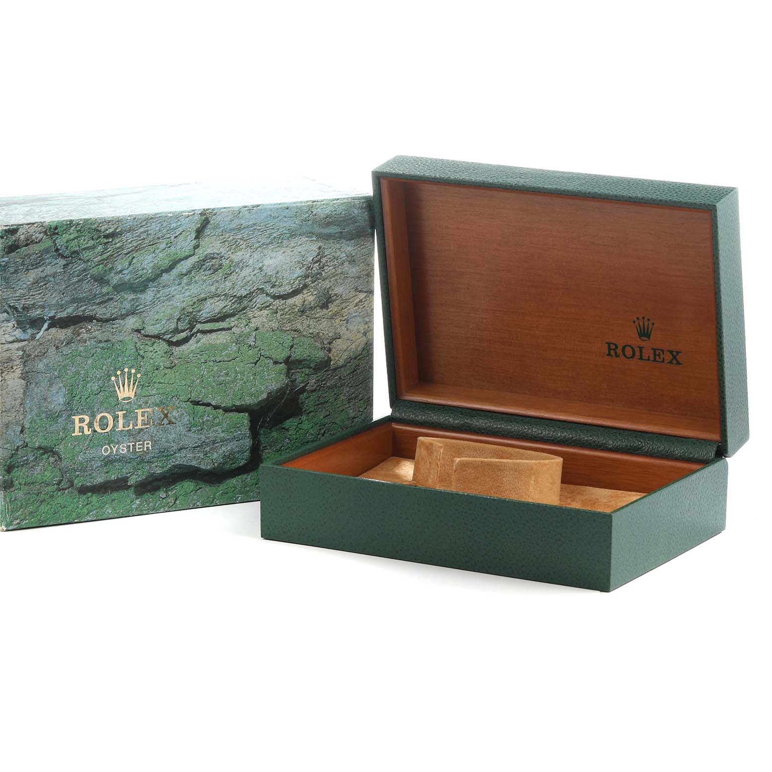 The image shows a Rolex Air-King 14000 Men's Stainless Steel Black Dial box, with an open green and brown wooden interior, and a textured outer box.