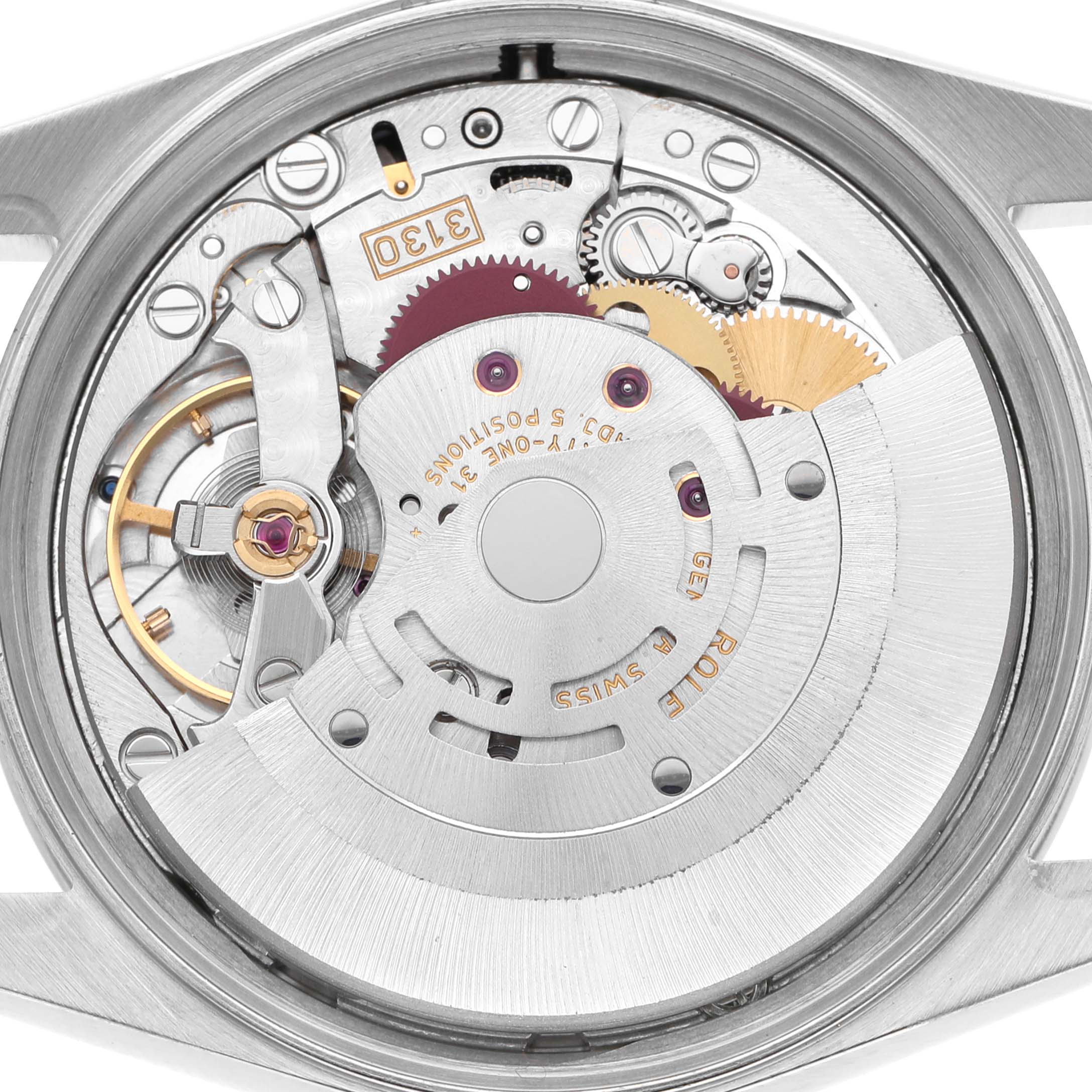 The image shows the back movement of the Rolex Air-King 14000 Men's Stainless Steel Black Dial watch from a top view, highlighting its intricate gears and components.