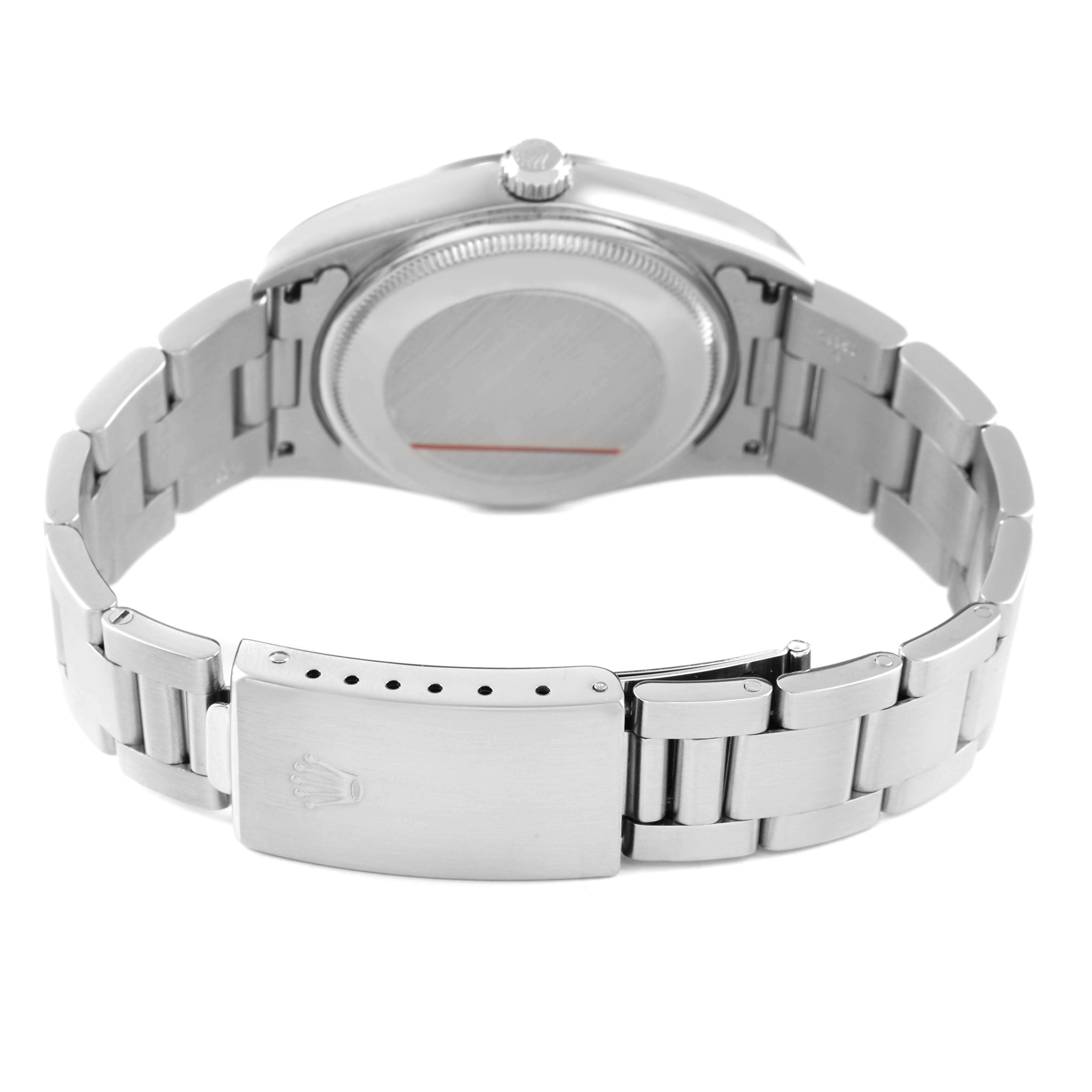 The image shows the back and clasp of a Rolex Air-King 14000 Men's Stainless Steel Black Dial, highlighting its stainless steel bracelet and case back.