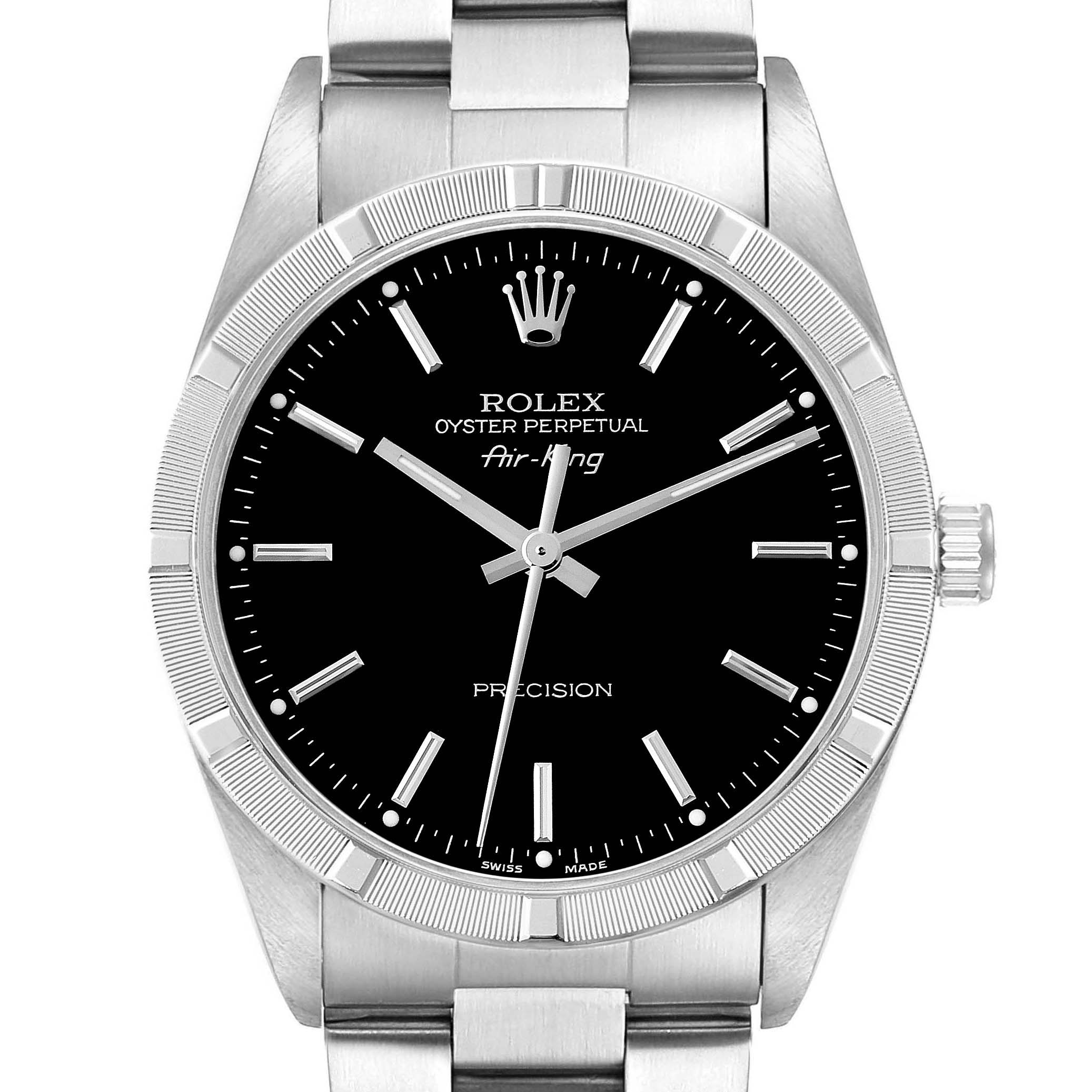 The Rolex Air-King 14010M Men's Stainless Steel Black Dial 14010M Men's Stainless Steel Black Dial watch is shown from the front, displaying the dial, bezel, and part of the bracelet.