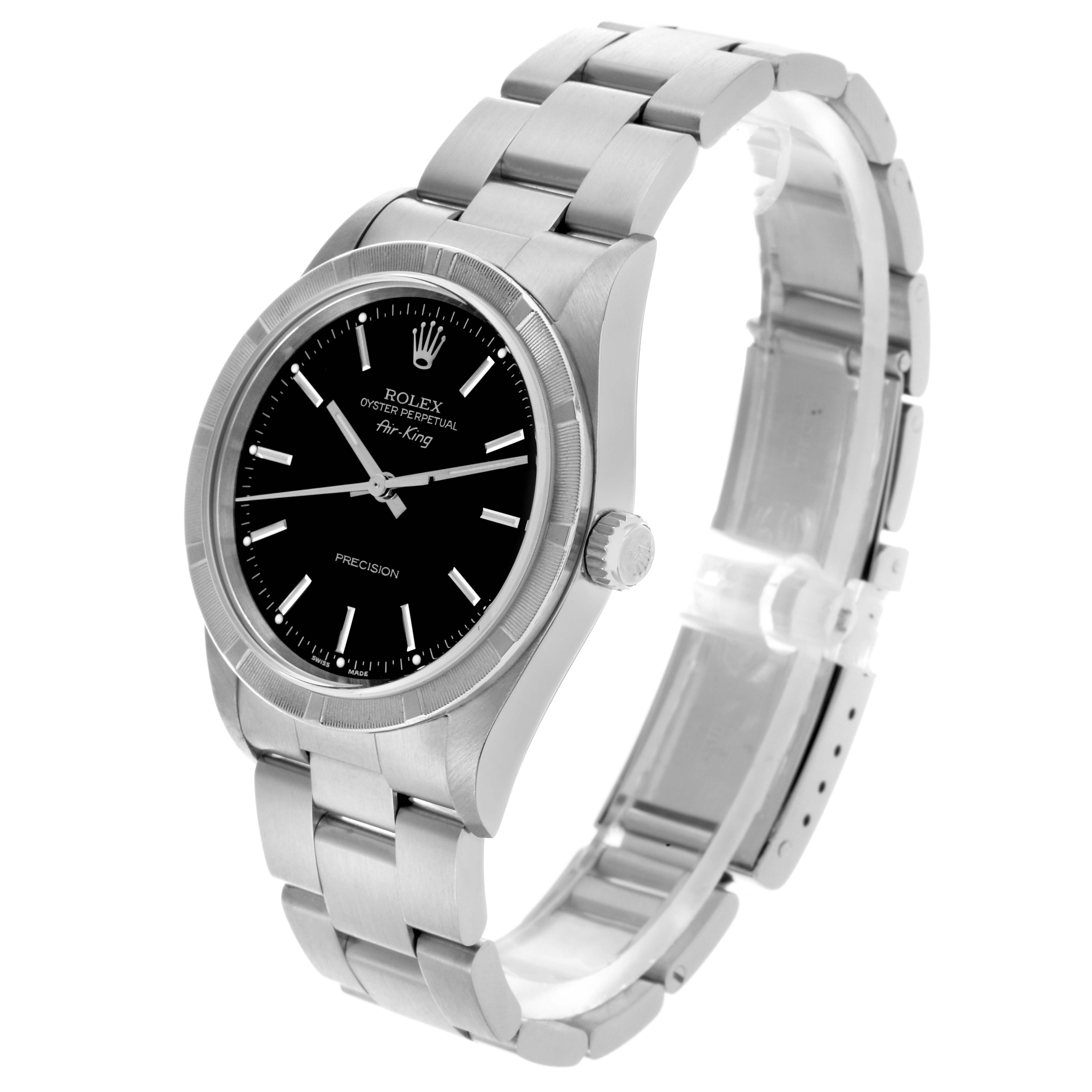 The Rolex Air-King 14010M Men's Stainless Steel Black Dial 14010M Men's Stainless Steel Black Dial watch is shown at a three-quarter angle, displaying the dial, bezel, bracelet, and crown.