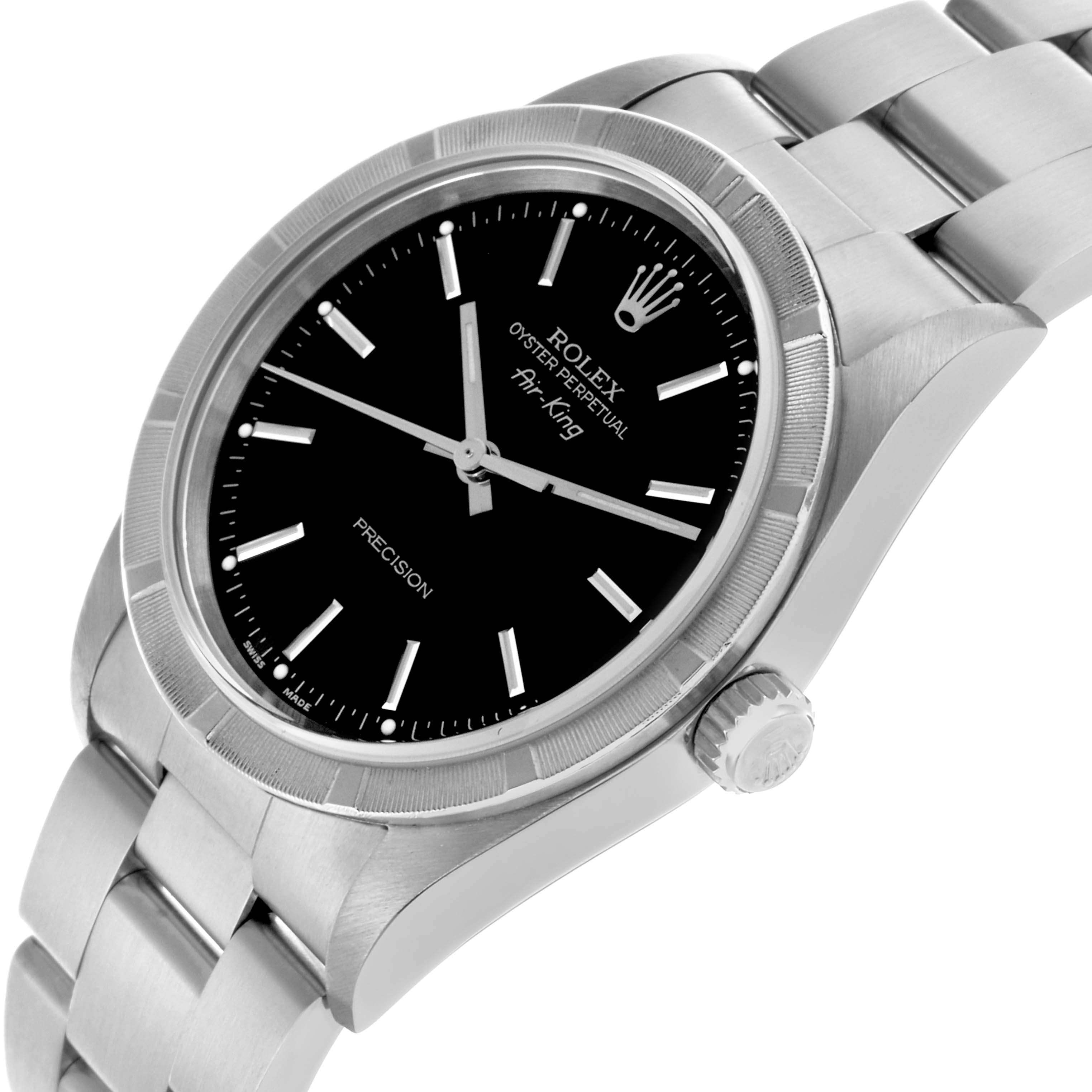The Rolex Air-King 14010M Men's Stainless Steel Black Dial 14010M Men's Stainless Steel Black Dial watch is shown at a tilted angle, highlighting the black dial, markers, bezel, crown, and metal bracelet.