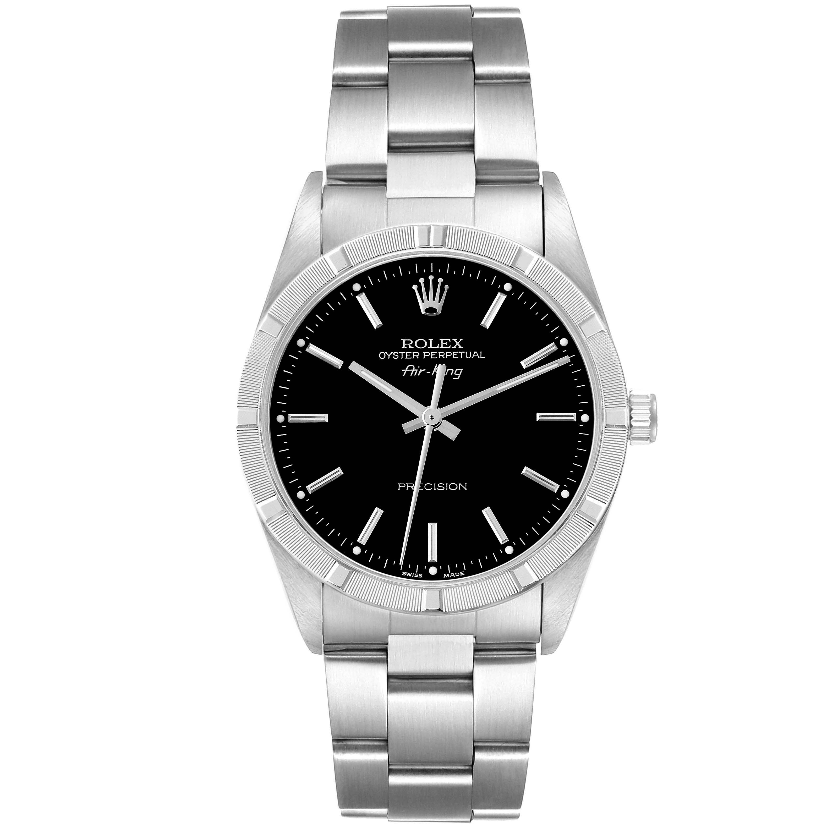 The Rolex Air-King 14010M Men's Stainless Steel Black Dial 14010M Men's Stainless Steel Black Dial watch is shown from a front angle, displaying the full dial, bezel, and bracelet.