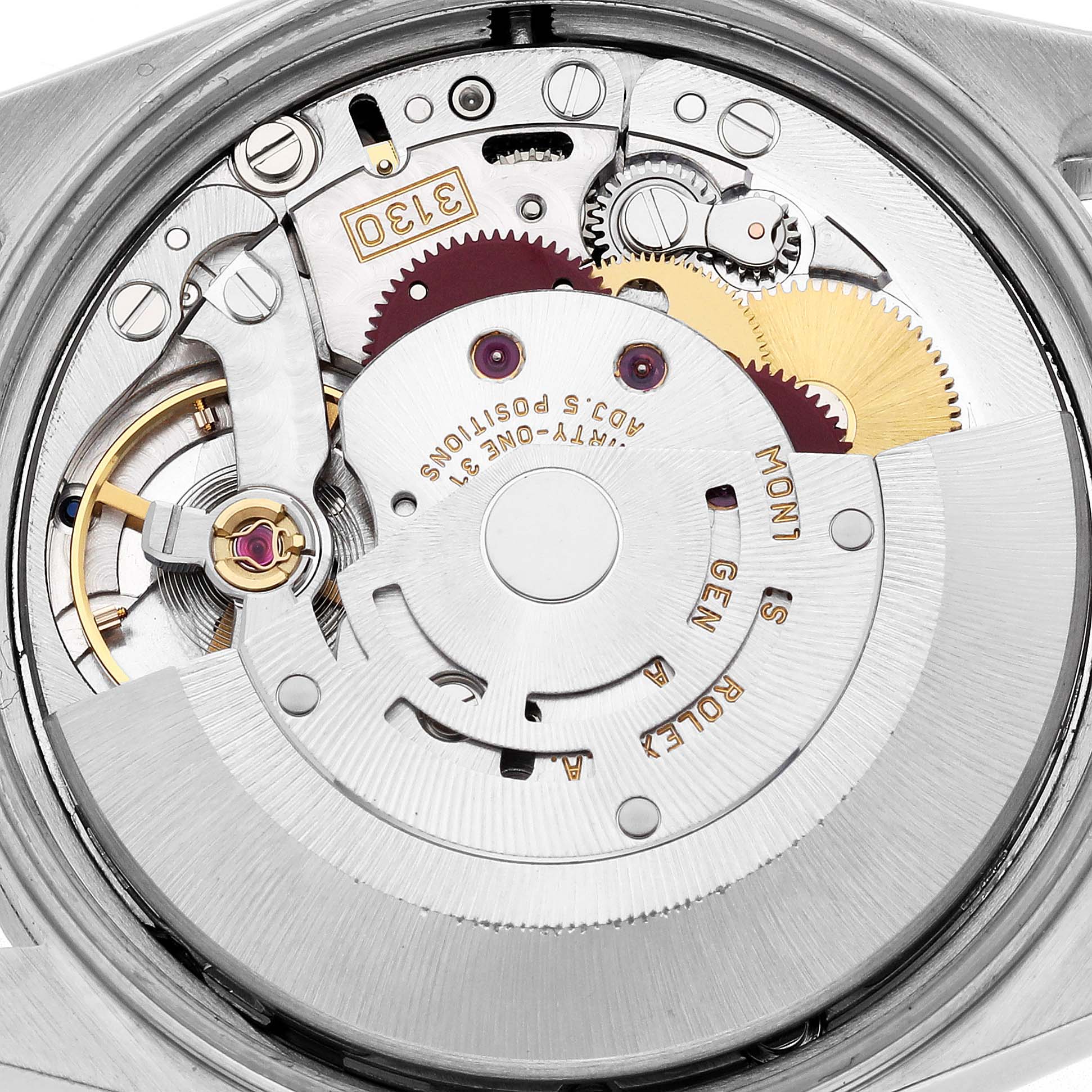 The image shows a close-up of the Rolex Air-King 14010M Men's Stainless Steel Black Dial 14010M Men's Stainless Steel Black Dial's movement, highlighting gears, rotor, and balance wheel from the back angle.