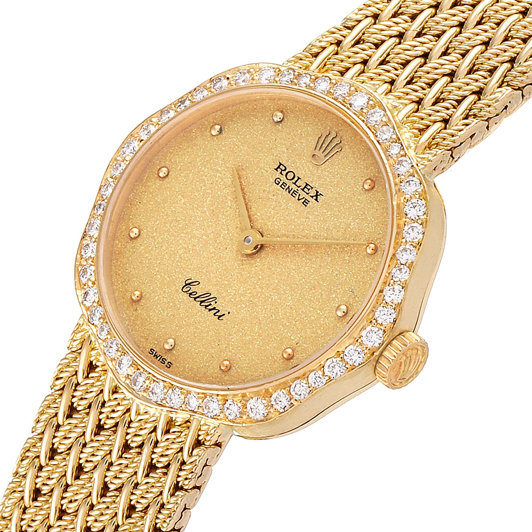 The Rolex Cellini 4973 Women's Yellow Gold Champagne Dial 4973 Women's Yellow Gold Champagne Dial watch is shown from a slight angle, displaying its gold case, diamond-studded bezel, dial, crown, and intricate bracelet.