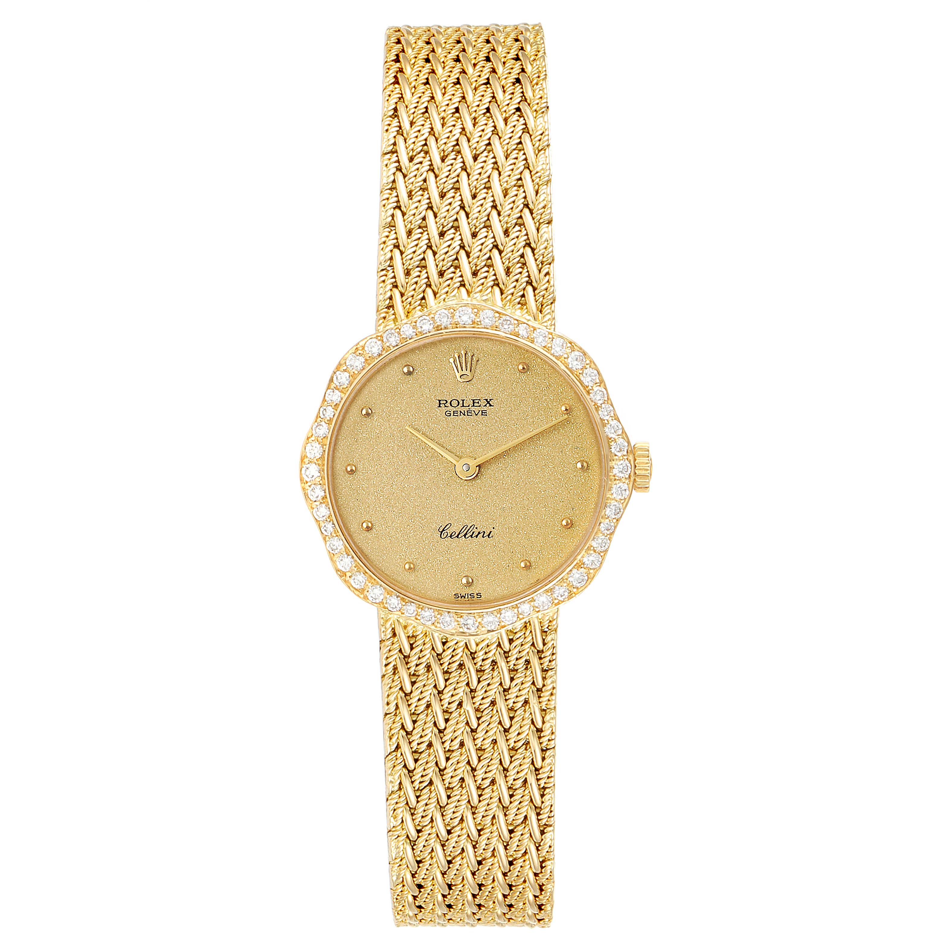 This image shows a gold Rolex Cellini 4973 Women's Yellow Gold Champagne Dial 4973 Women's Yellow Gold Champagne Dial watch, front view, highlighting the dial, bezel with diamonds, and woven bracelet.
