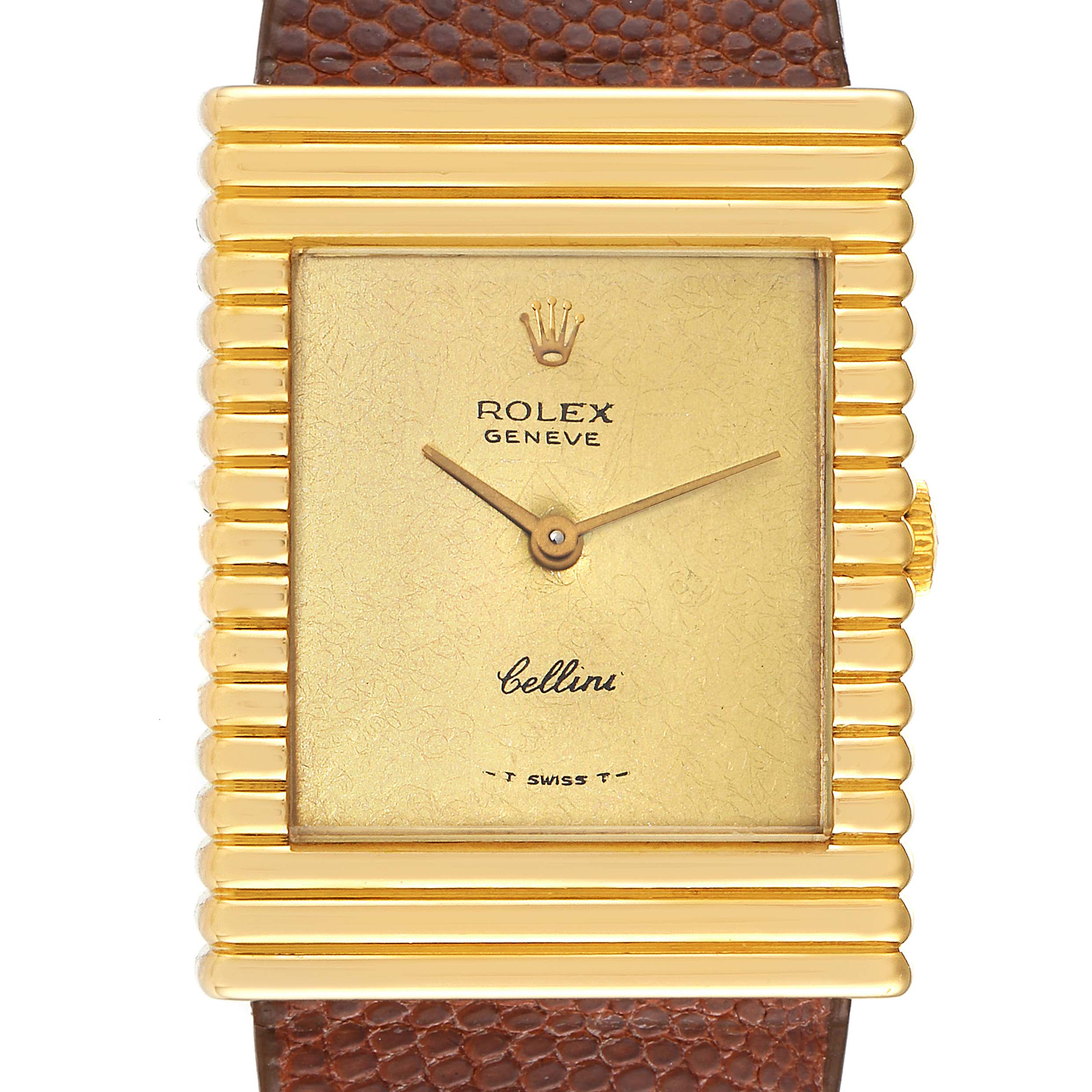 The image shows a front view of a Rolex Cellini 4012 Men's Yellow Gold Champagne Dial 4012 Men's Yellow Gold Champagne Dial watch with a gold rectangular case and a brown textured strap.