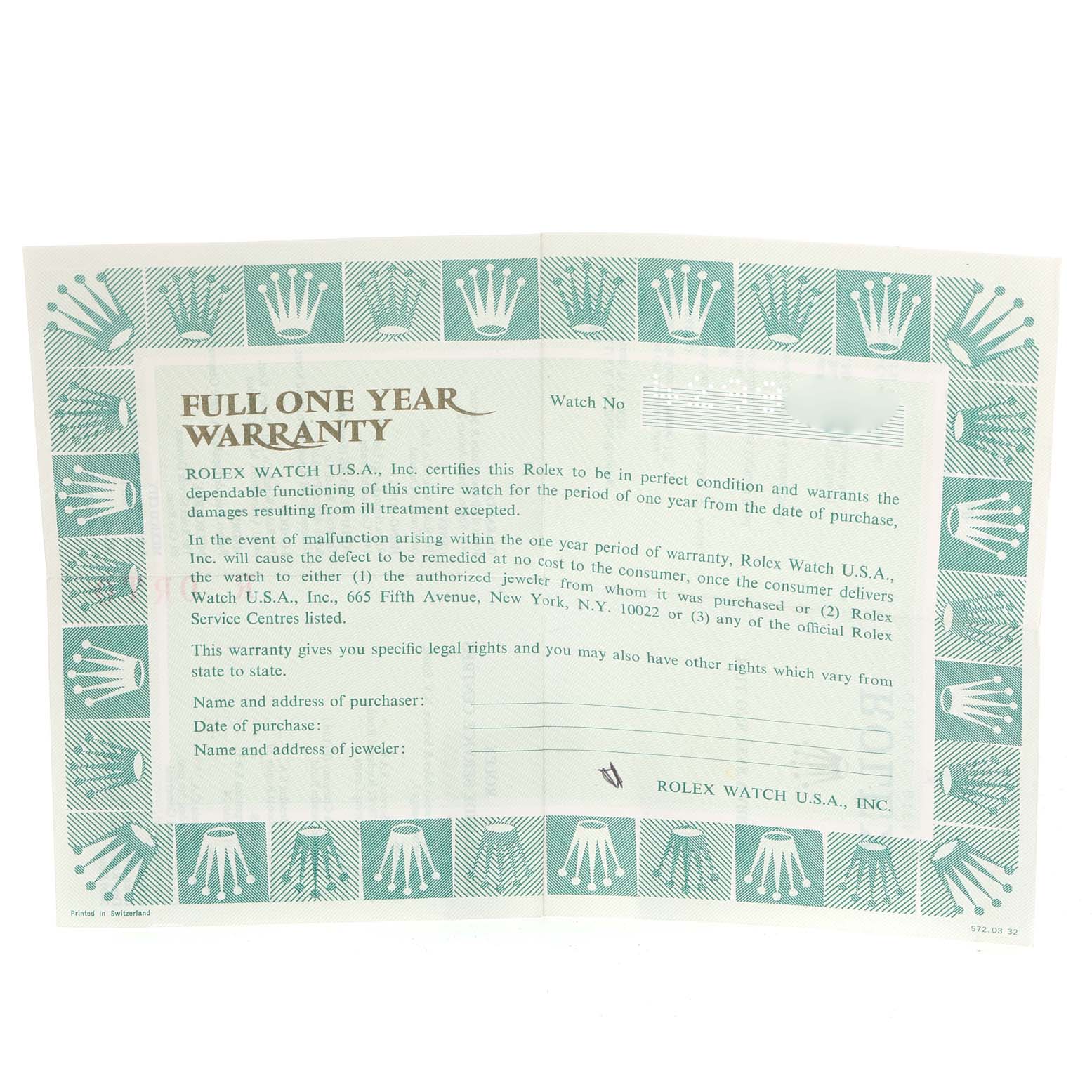 This is the one-year warranty card for the Rolex Cellini 4012 Men's Yellow Gold Champagne Dial 4012 Men's Yellow Gold Champagne Dial model.