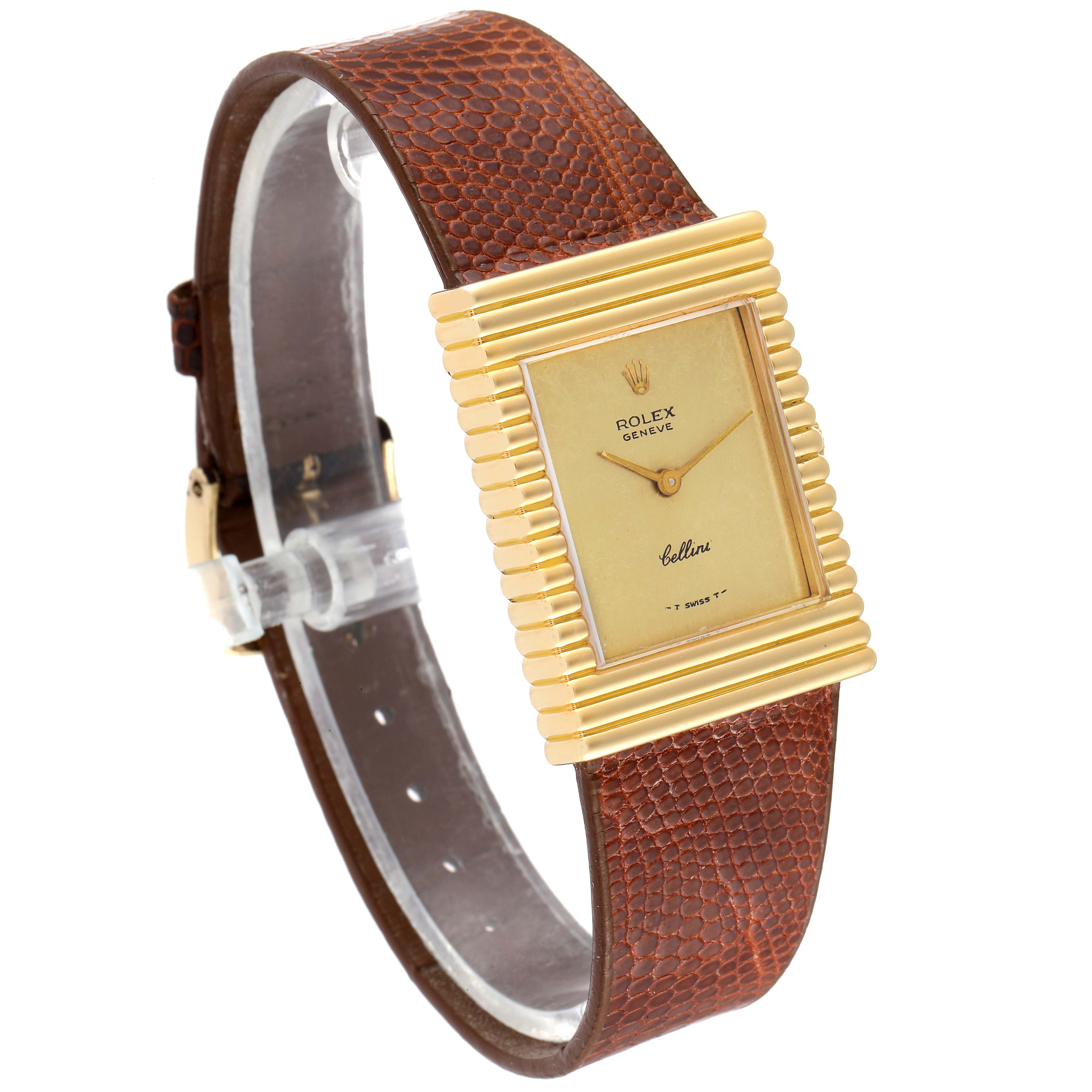The image shows a Rolex Cellini 4012 Men's Yellow Gold Champagne Dial 4012 Men's Yellow Gold Champagne Dial watch from a front-right angle, highlighting the dial, gold bezel, and brown leather strap.