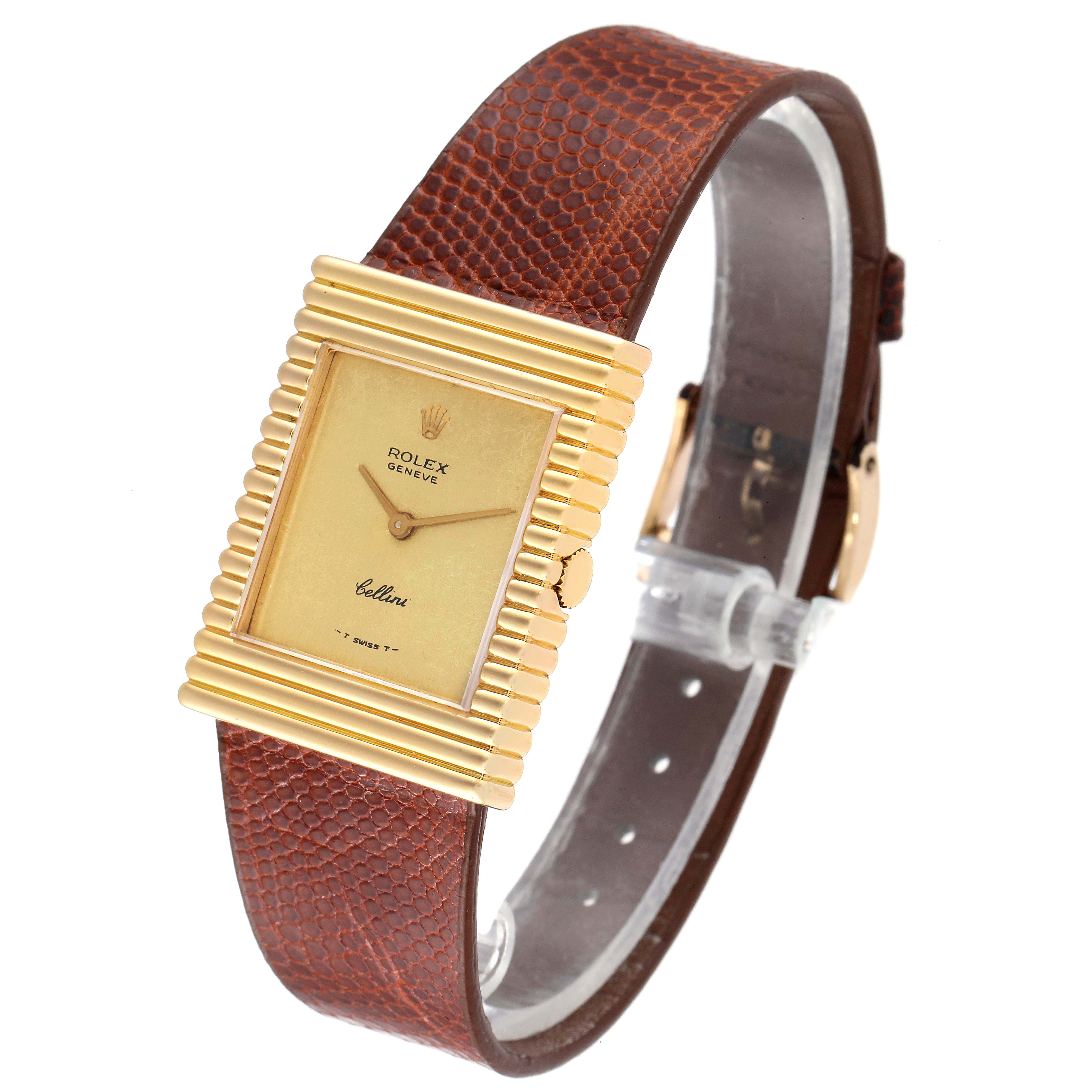 The image shows a Rolex Cellini 4012 Men's Yellow Gold Champagne Dial 4012 Men's Yellow Gold Champagne Dial watch featuring a gold rectangular case and brown leather strap, angled slightly to the right.