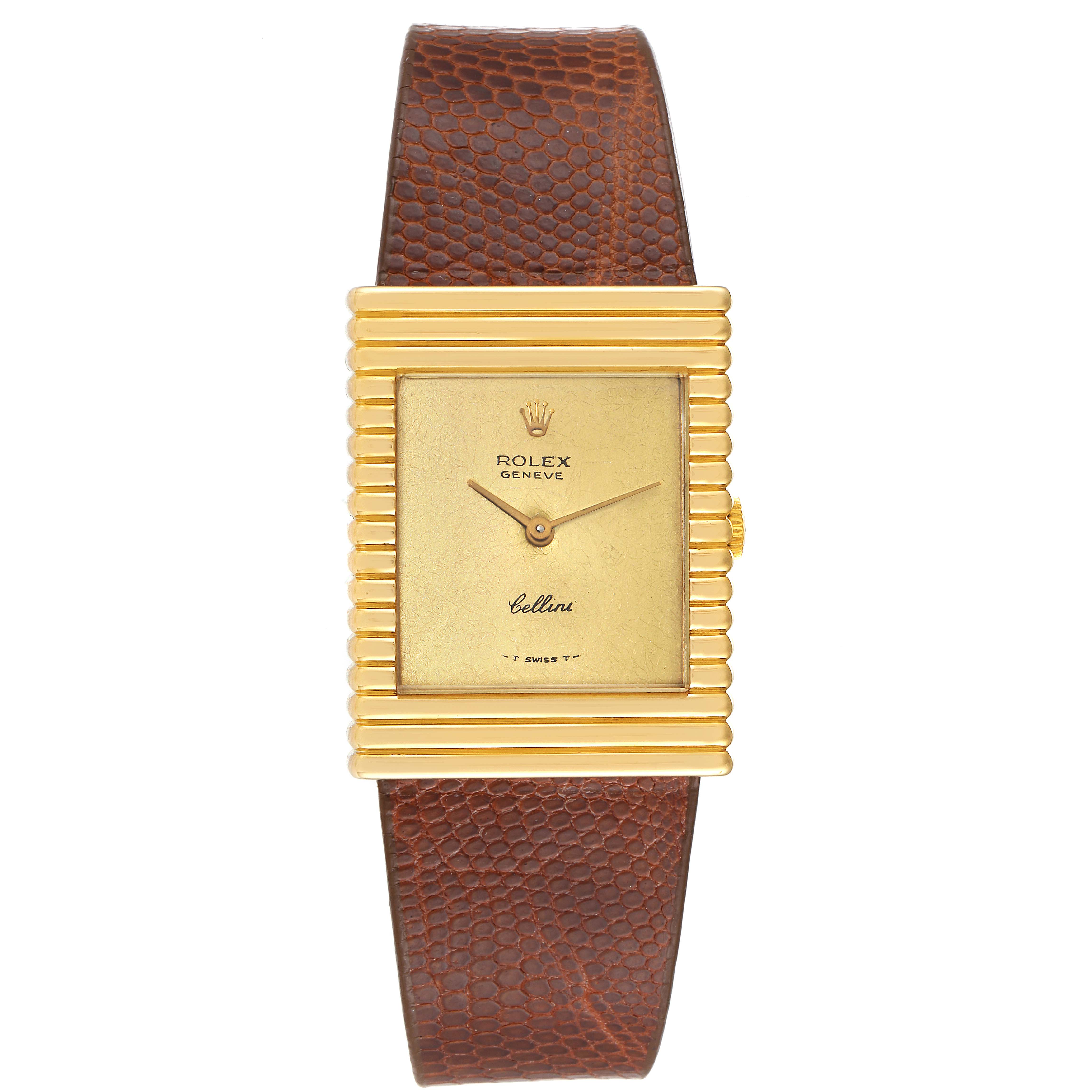 The image shows a front view of the Rolex Cellini 4012 Men's Yellow Gold Champagne Dial 4012 Men's Yellow Gold Champagne Dial watch featuring its gold rectangular face and brown leather strap.