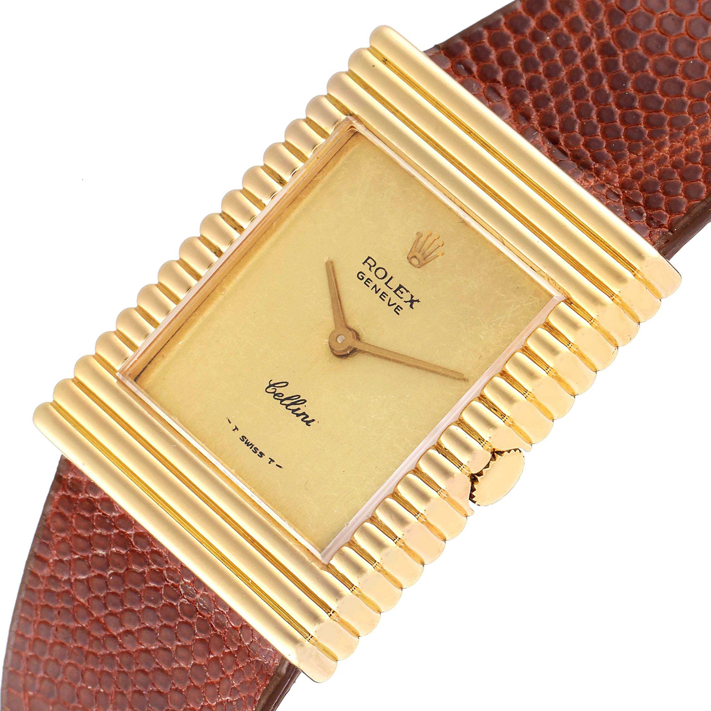 The Rolex Cellini 4012 Men's Yellow Gold Champagne Dial 4012 Men's Yellow Gold Champagne Dial watch is shown from the top angle, highlighting its rectangular gold case, dial, hands, and brown leather strap.