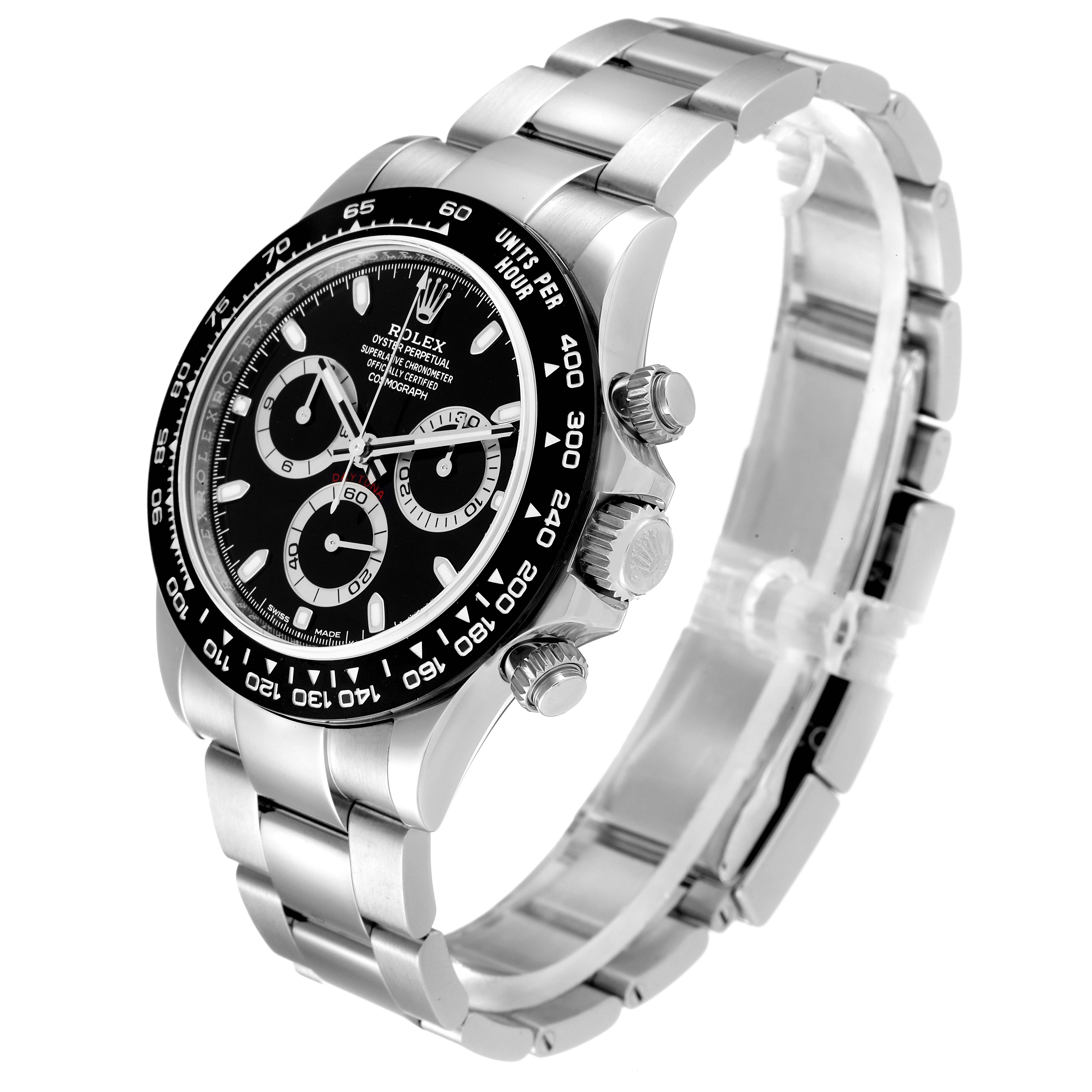 The Rolex Daytona 116500 Men's Stainless Steel Black Dial 116500 Men's Stainless Steel Black Dial watch is shown at an angle, displaying the black dial, sub-dials, bezel, pushers, and the stainless steel bracelet.
