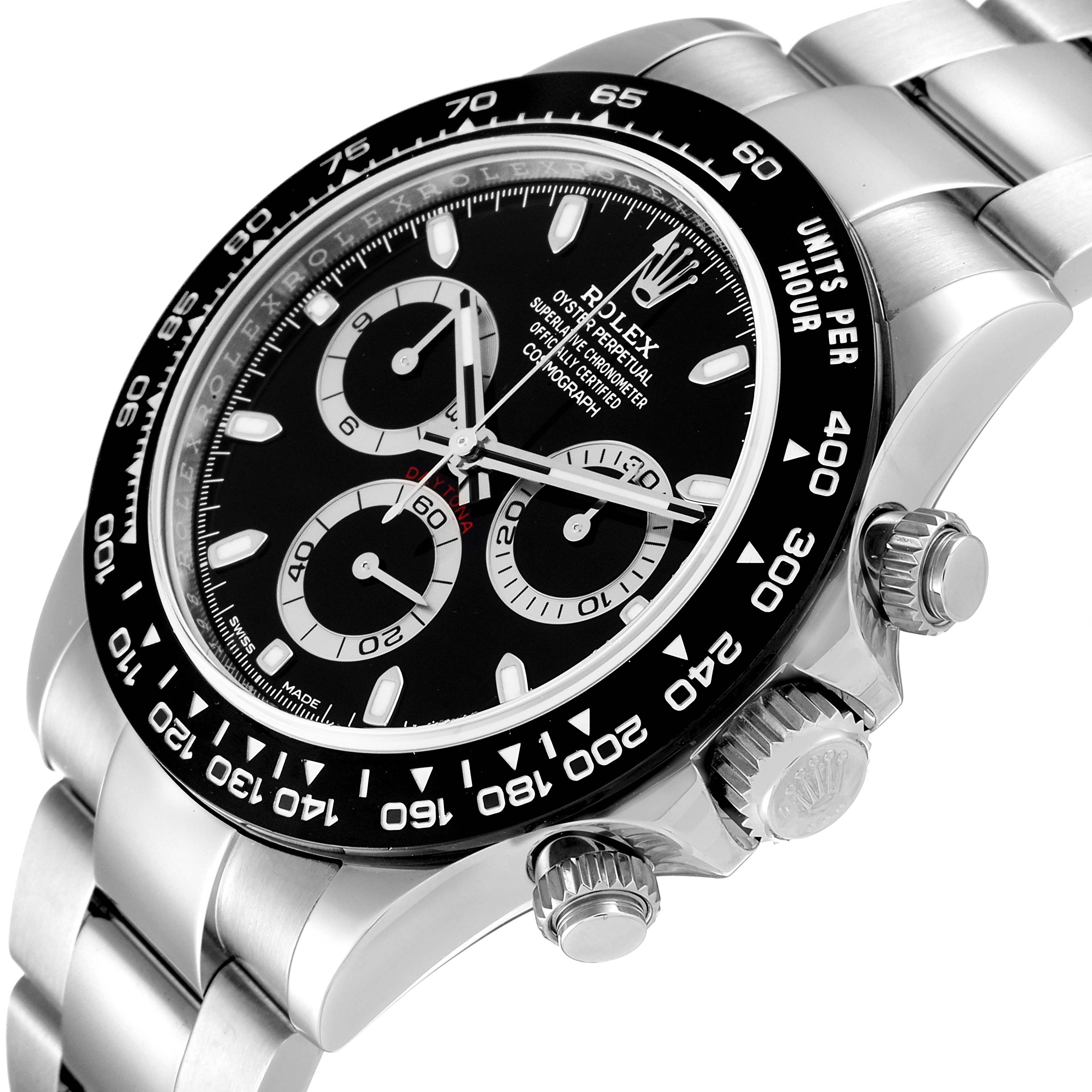 This image shows the Rolex Daytona 116500 Men's Stainless Steel Black Dial 116500 Men's Stainless Steel Black Dial watch from an angled side view, highlighting the bezel, dial, pushers, and bracelet.