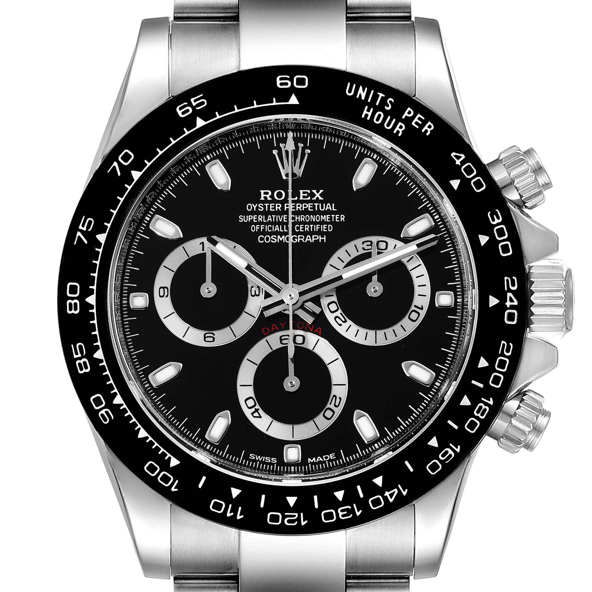 The image shows a frontal view of the Rolex Daytona 116500 Men's Stainless Steel Black Dial 116500 Men's Stainless Steel Black Dial watch, highlighting the dial, bezel, and chronograph sub-dials.