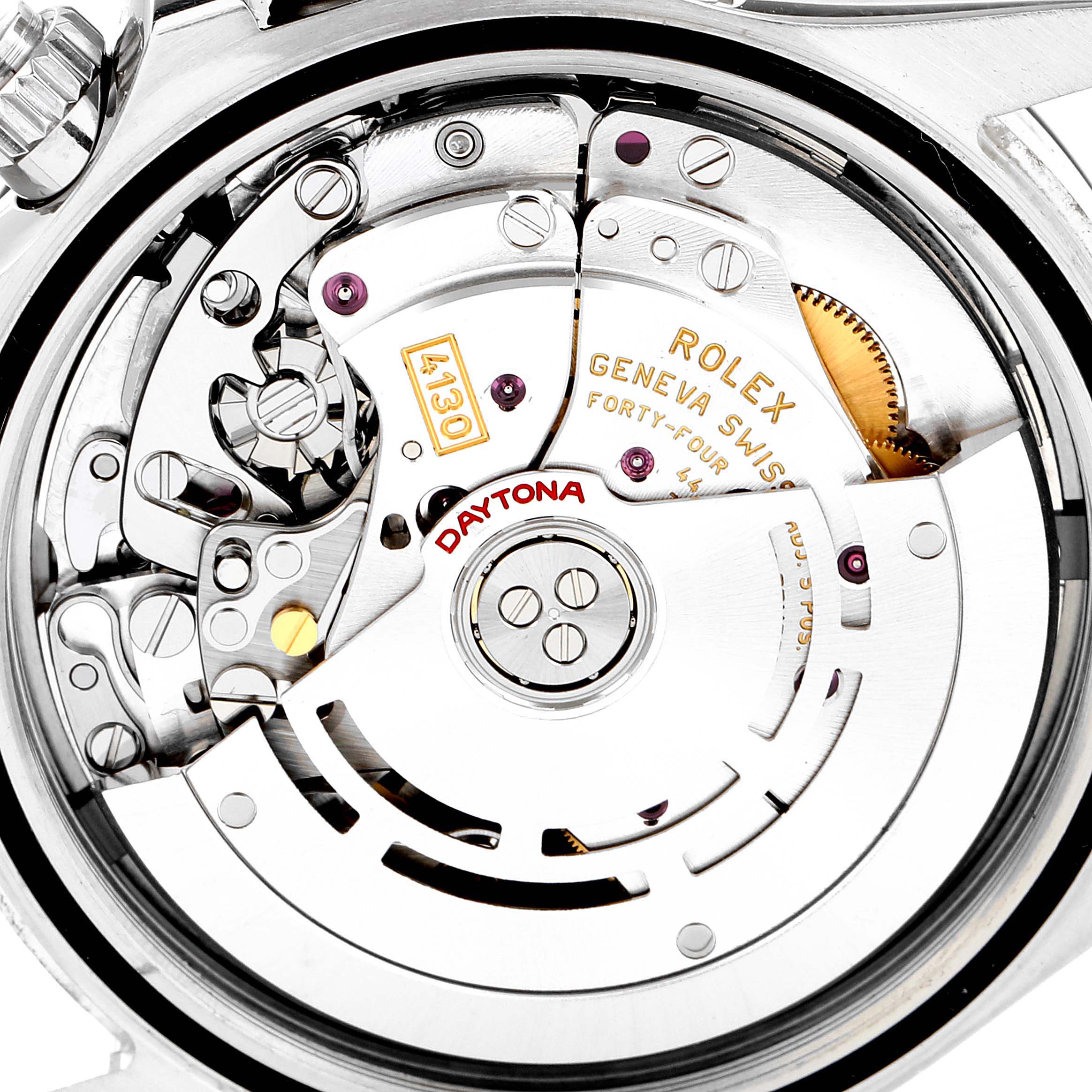 This image shows a close-up view of the movement mechanism of a Rolex Daytona 116500 Men's Stainless Steel Black Dial 116500 Men's Stainless Steel Black Dial watch.