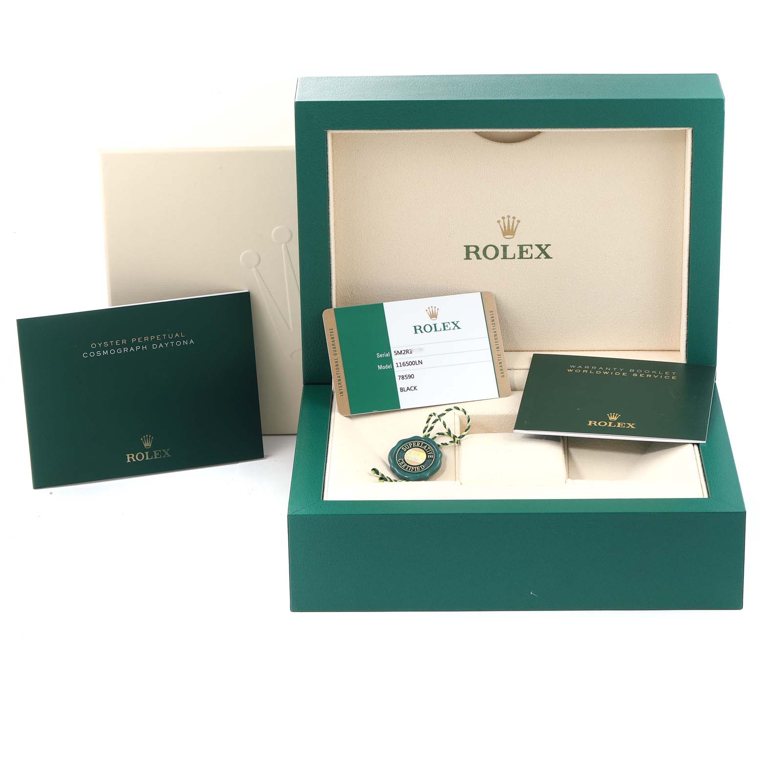The image shows the packaging and accessories for a Rolex Daytona 116500 Men's Stainless Steel Black Dial 116500 Men's Stainless Steel Black Dial watch, including the box, warranty card, and booklets.