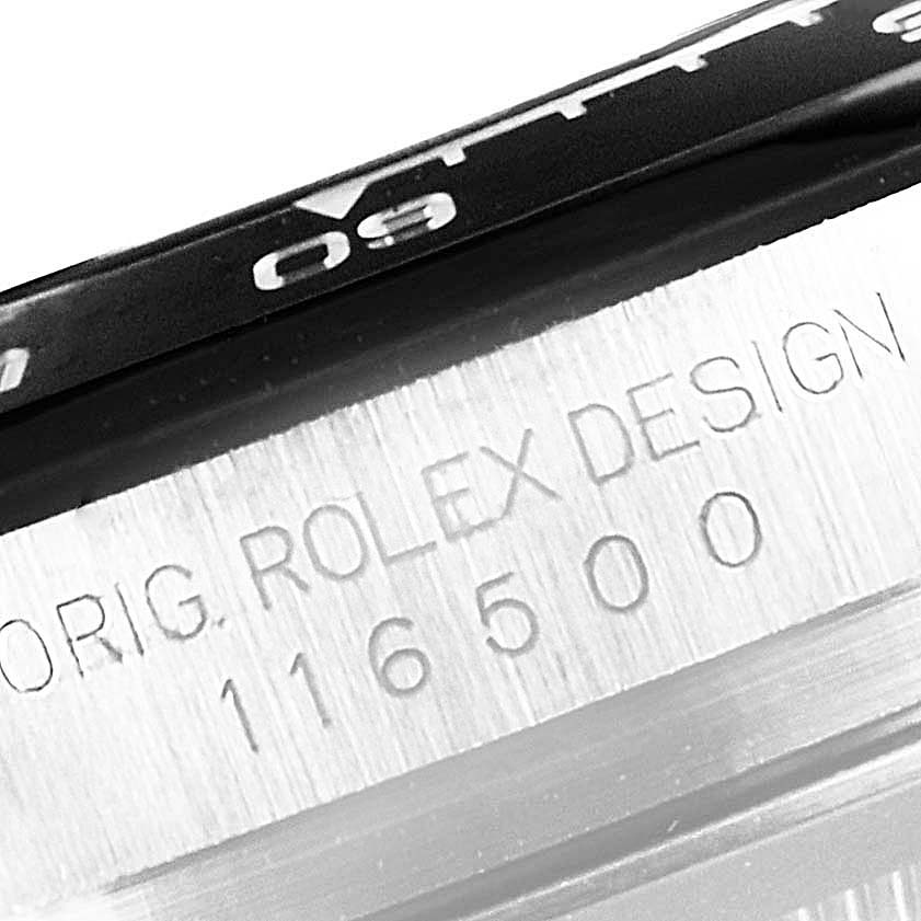 Close-up angle of the Rolex Daytona 116500 Men's Stainless Steel Black Dial 116500 Men's Stainless Steel Black Dial's bezel and the case, displaying the model number "116500" and "Orig. Rolex Design."